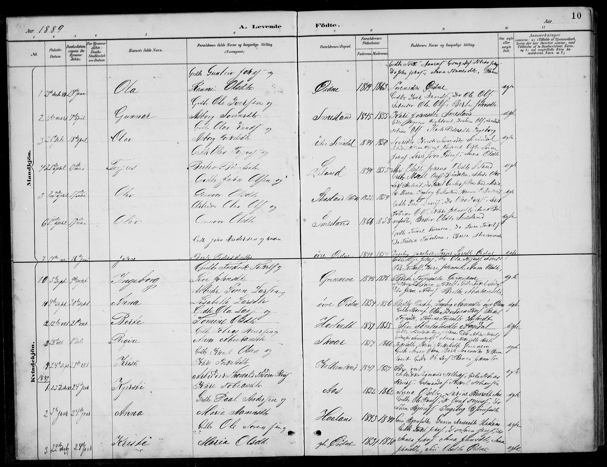 Bjelland sokneprestkontor, SAK/1111-0005/F/Fb/Fbc/L0003: Parish register (copy) no. B 3, 1887-1924, p. 10