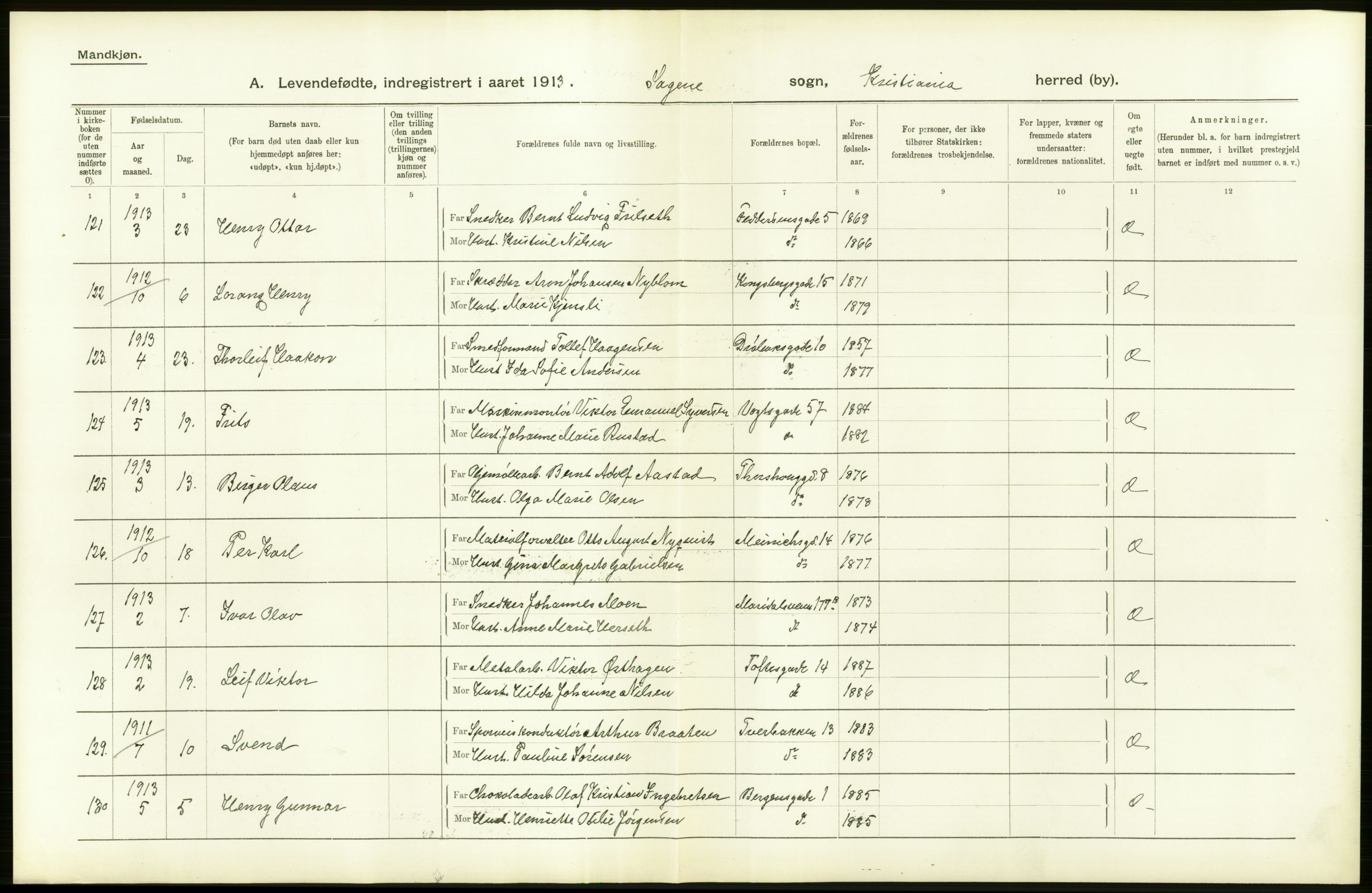 Statistisk sentralbyrå, Sosiodemografiske emner, Befolkning, AV/RA-S-2228/D/Df/Dfb/Dfbc/L0006: Kristiania: Levendefødte menn og kvinner., 1913, p. 36
