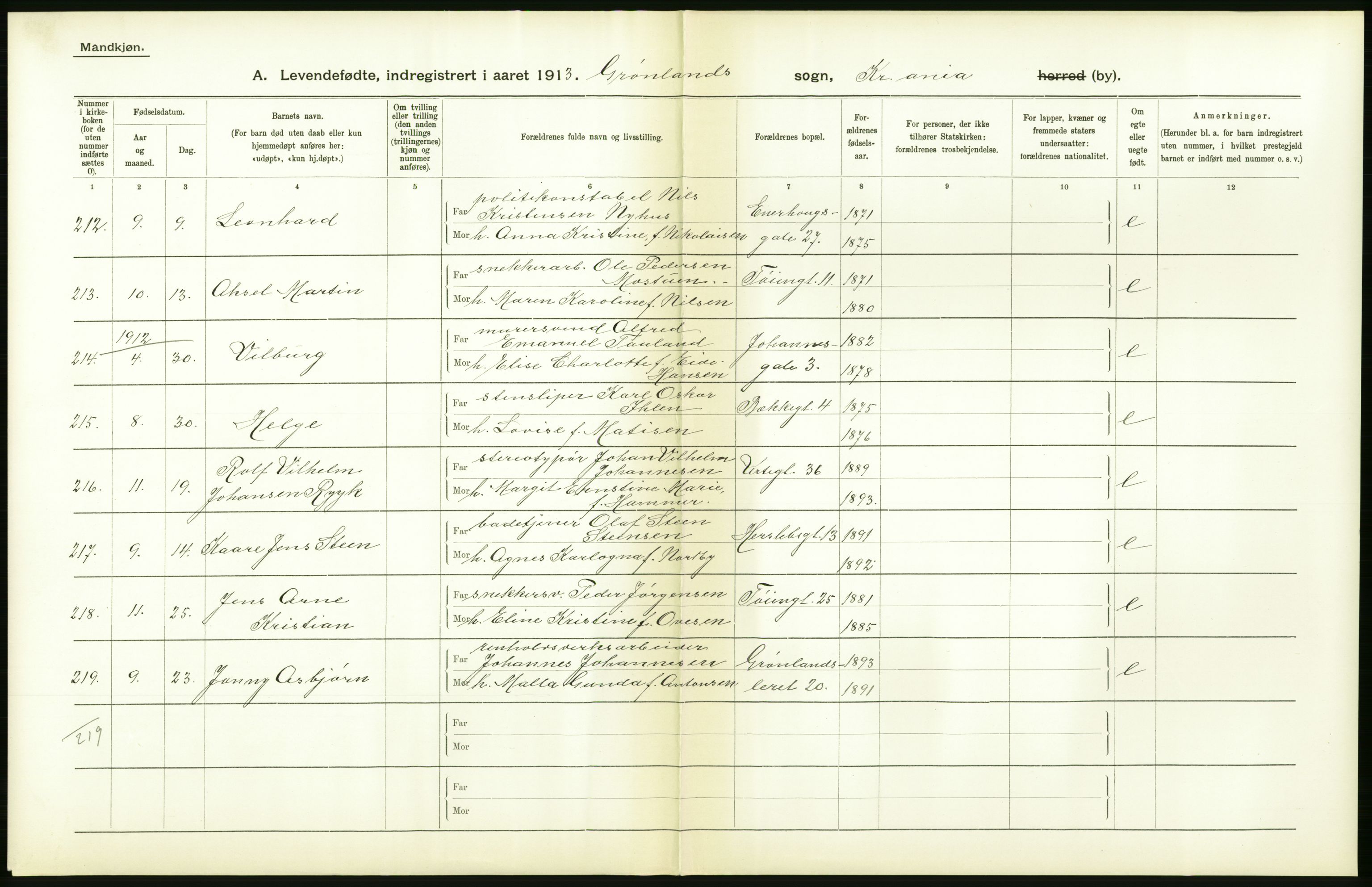 Statistisk sentralbyrå, Sosiodemografiske emner, Befolkning, RA/S-2228/D/Df/Dfb/Dfbc/L0007: Kristiania: Levendefødte menn og kvinner., 1913, p. 602