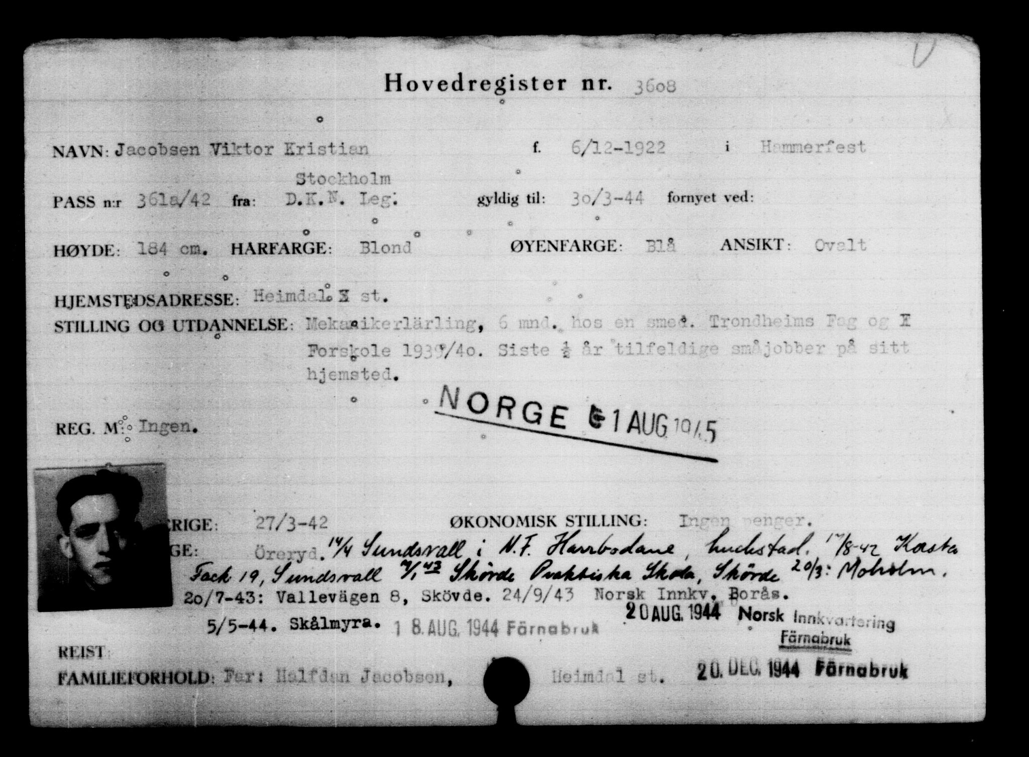 Den Kgl. Norske Legasjons Flyktningskontor, RA/S-6753/V/Va/L0004: Kjesäterkartoteket.  Flyktningenr. 3496-6610, 1940-1945, p. 129