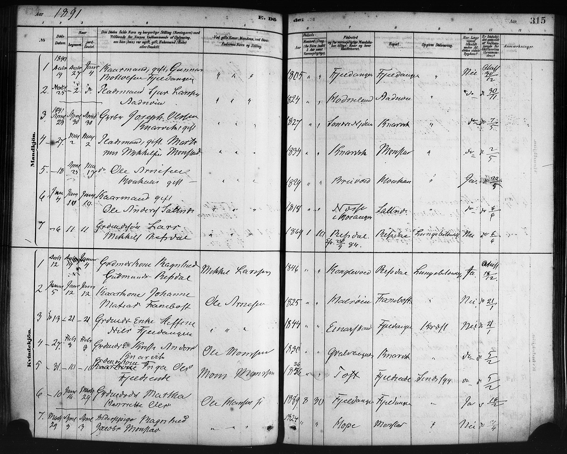 Lindås Sokneprestembete, SAB/A-76701/H/Haa: Parish register (official) no. A 19, 1878-1912, p. 315