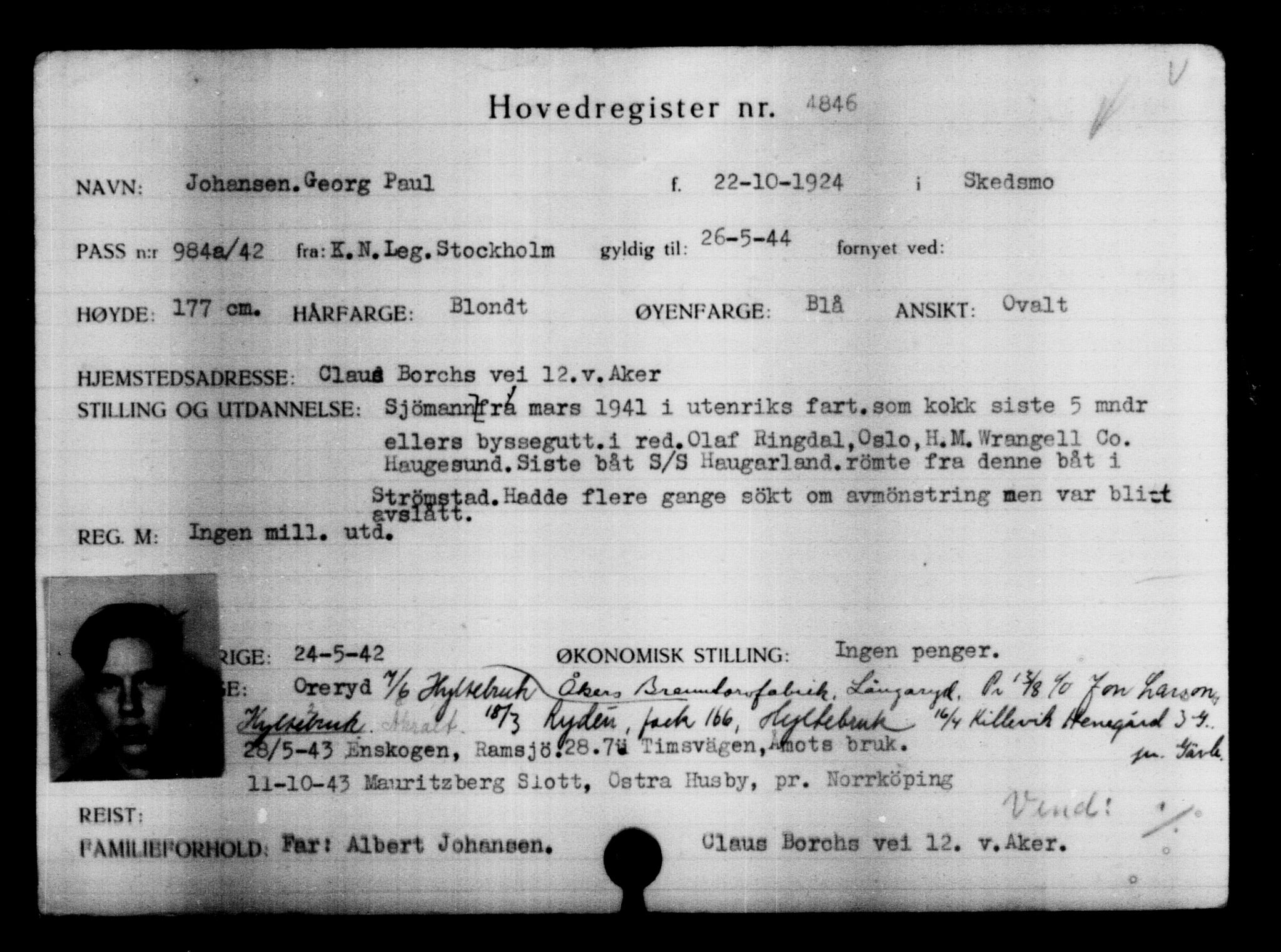 Utenriksstasjonene, Legasjonen i Stockholm, Flyktningkontoret, AV/RA-S-6753/V/Va/L0004: Kjesäterkartoteket, flyktninger med registreringsnr. 3496-6610, 1940-1945, p. 1602