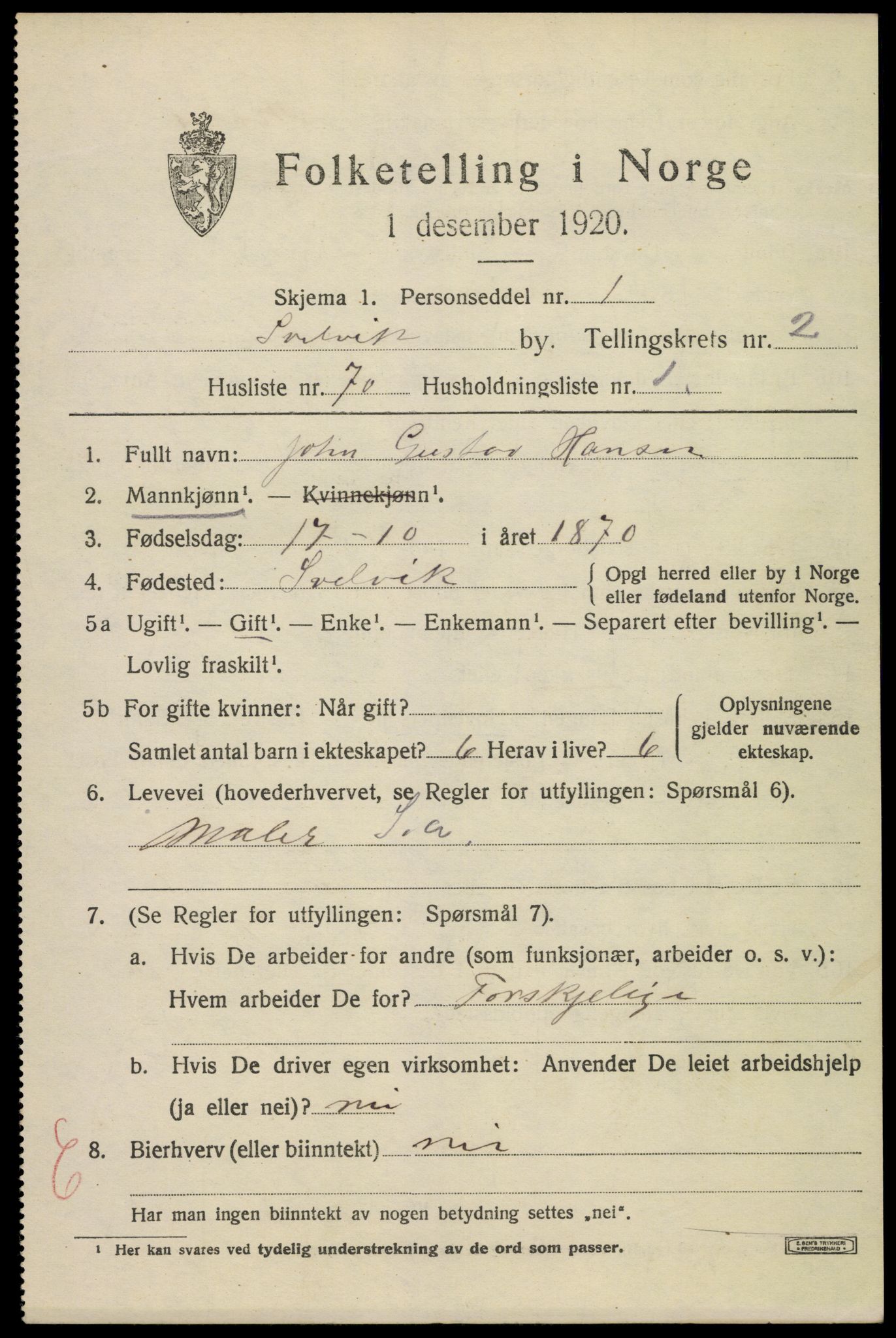 SAKO, 1920 census for Svelvik, 1920, p. 3113