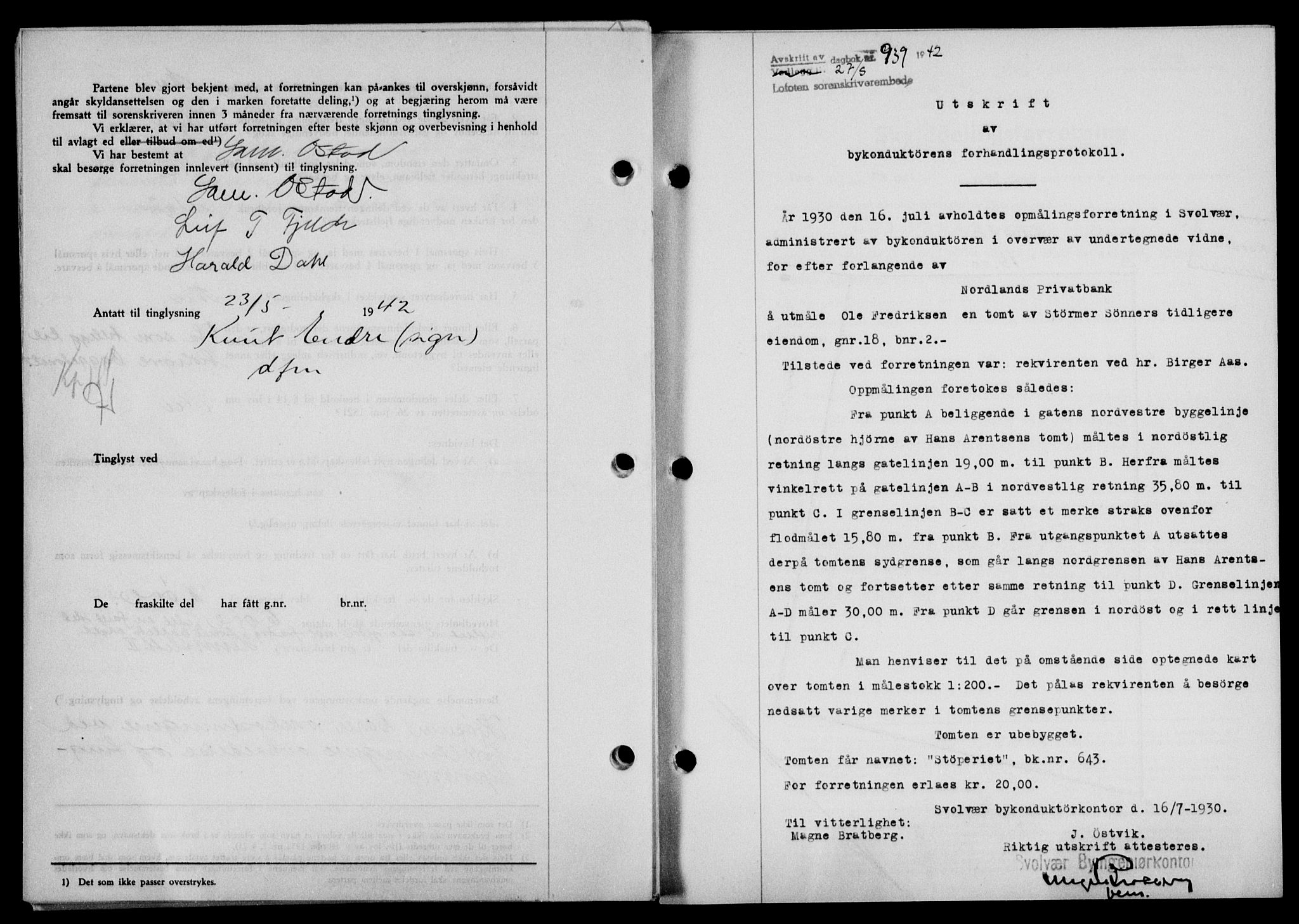 Lofoten sorenskriveri, SAT/A-0017/1/2/2C/L0009a: Mortgage book no. 9a, 1941-1942, Diary no: : 939/1942