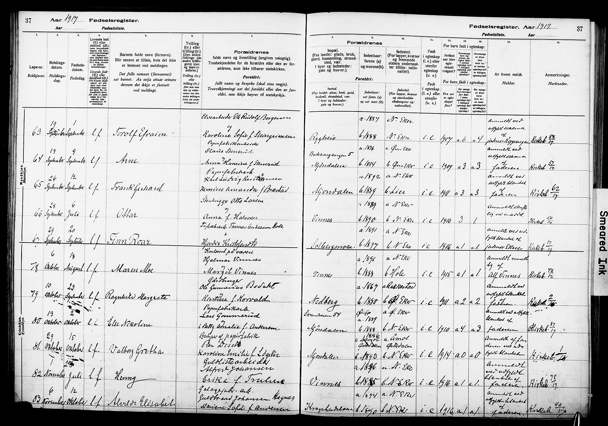 Nedre Eiker kirkebøker, AV/SAKO-A-612/J/Ja/L0001: Birth register no. 1, 1916-1925, p. 37