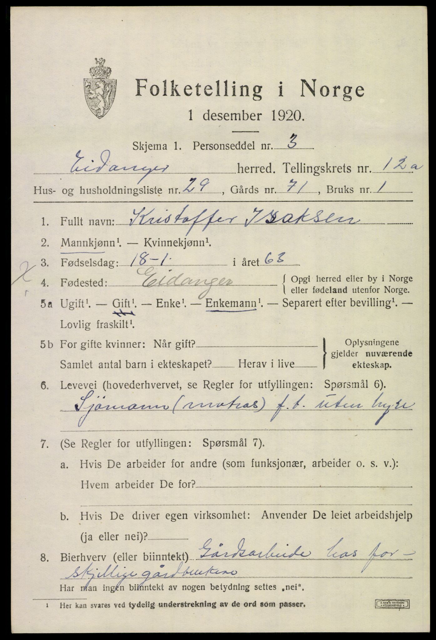 SAKO, 1920 census for Eidanger, 1920, p. 7504