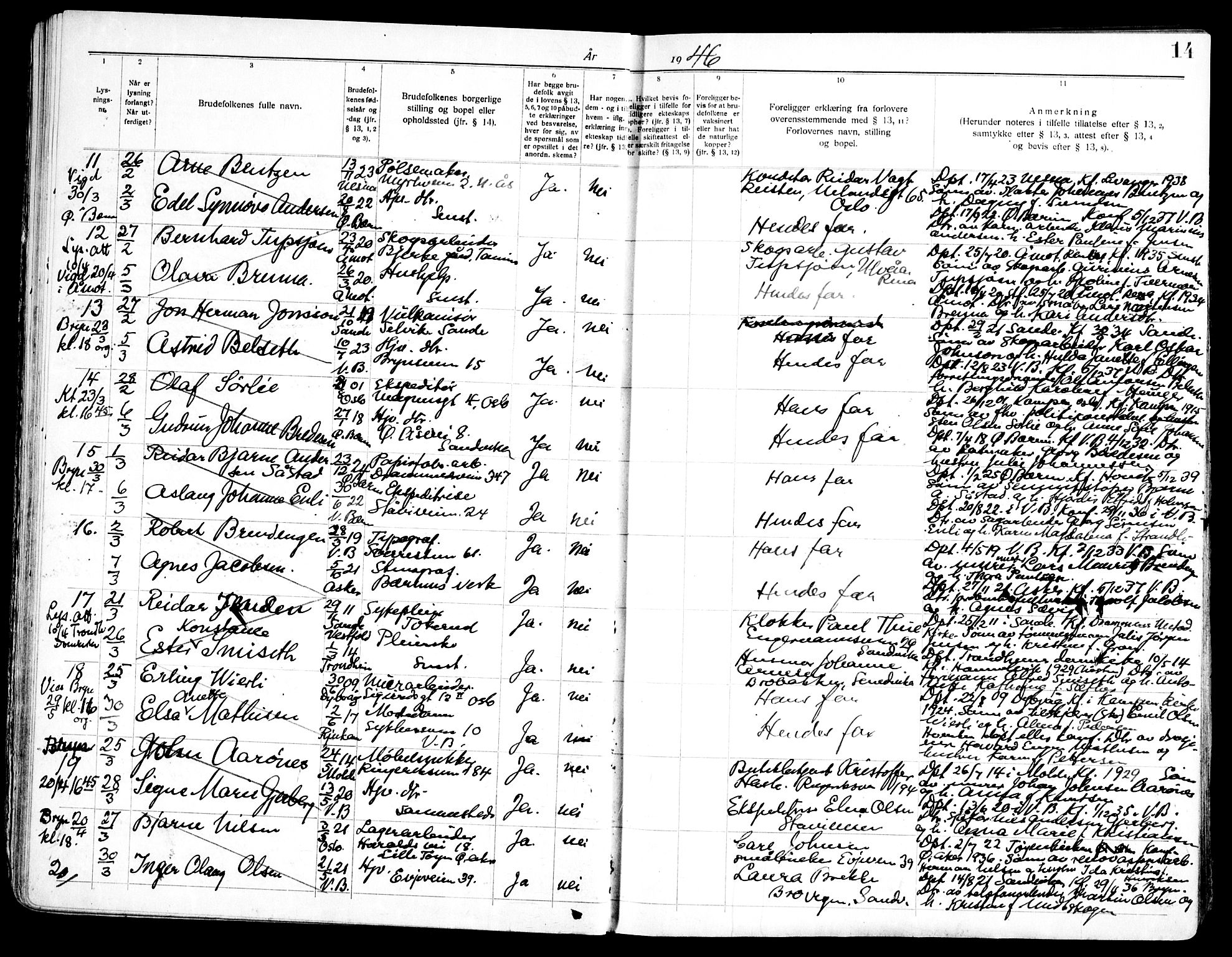 Vestre Bærum prestekontor Kirkebøker, AV/SAO-A-10209a/H/L0002: Banns register no. 2, 1941-1956, p. 14