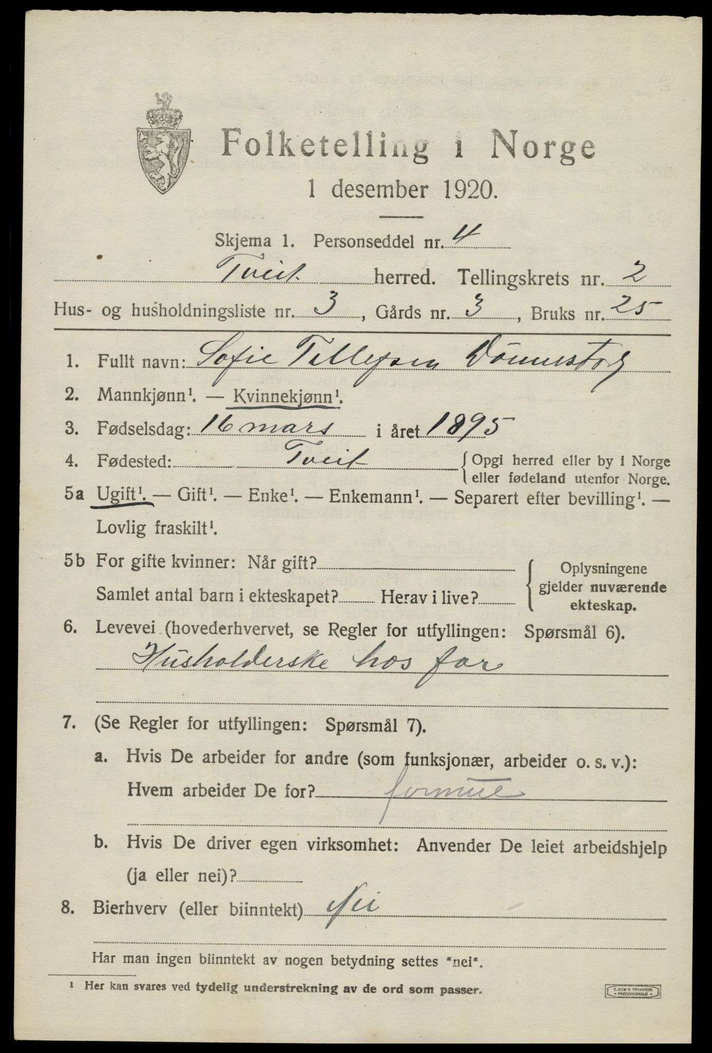 SAK, 1920 census for Tveit, 1920, p. 1248