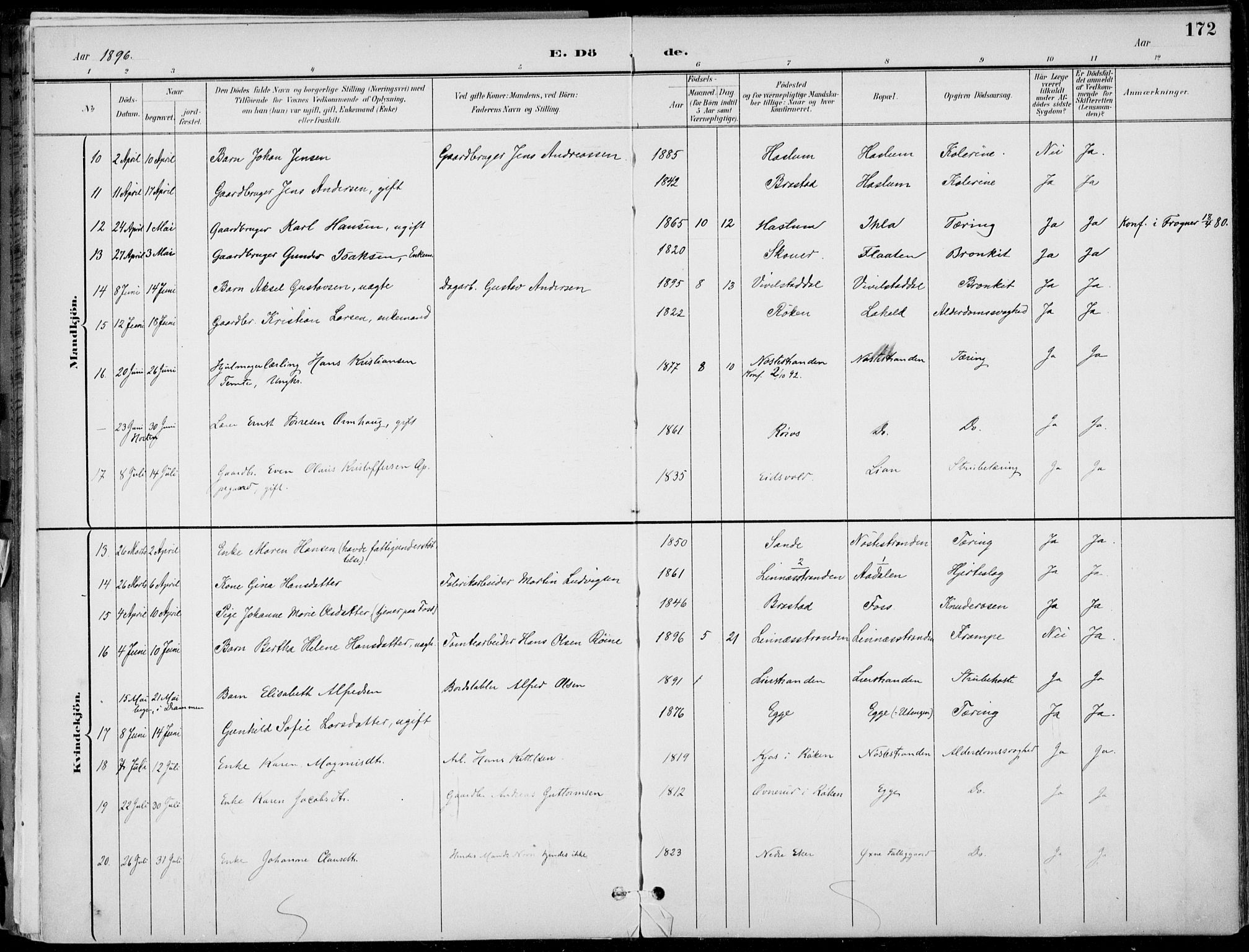 Lier kirkebøker, AV/SAKO-A-230/F/Fa/L0016: Parish register (official) no. I 16, 1895-1900, p. 172