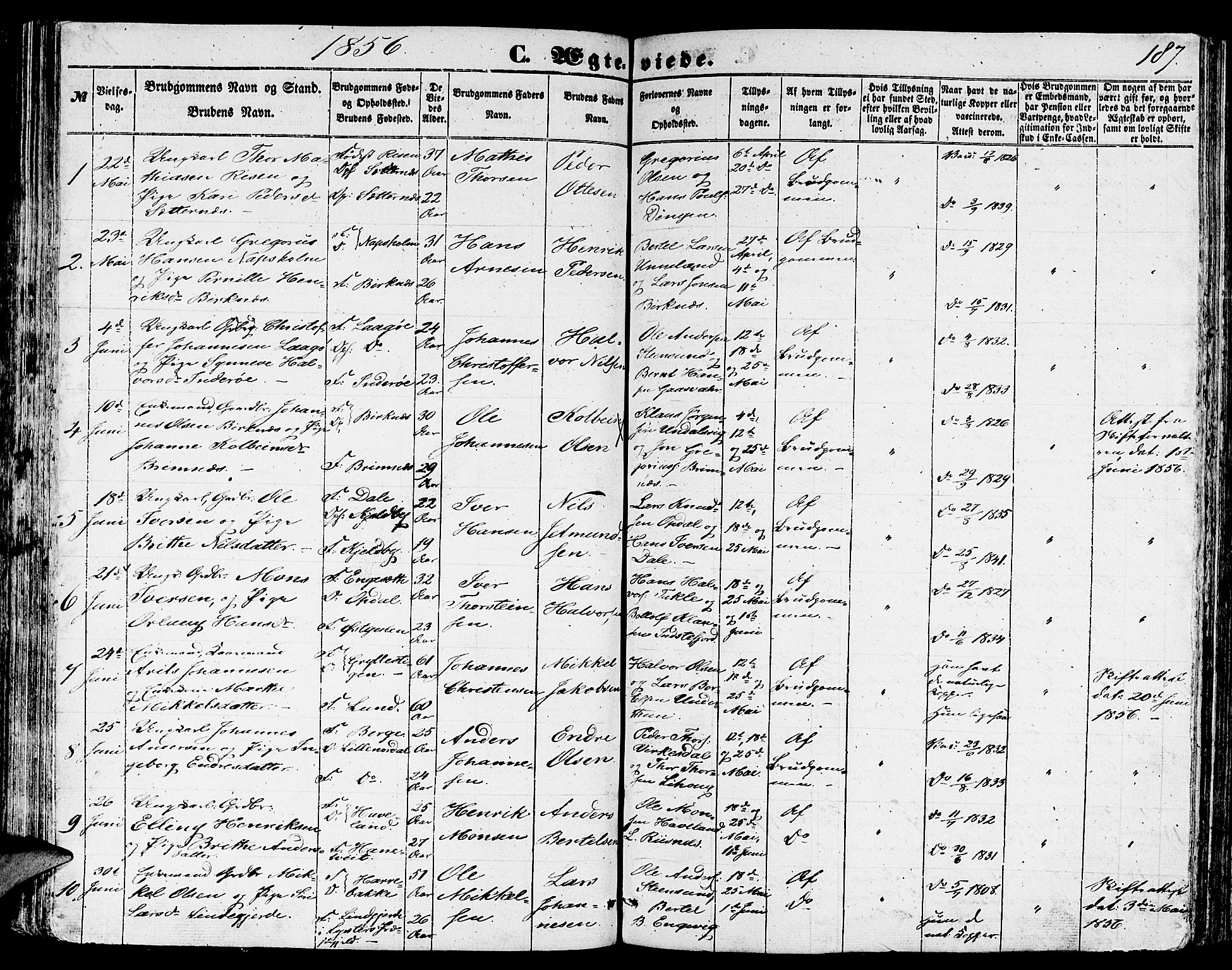Gulen sokneprestembete, SAB/A-80201/H/Hab/Habb/L0001: Parish register (copy) no. B 1, 1854-1866, p. 187
