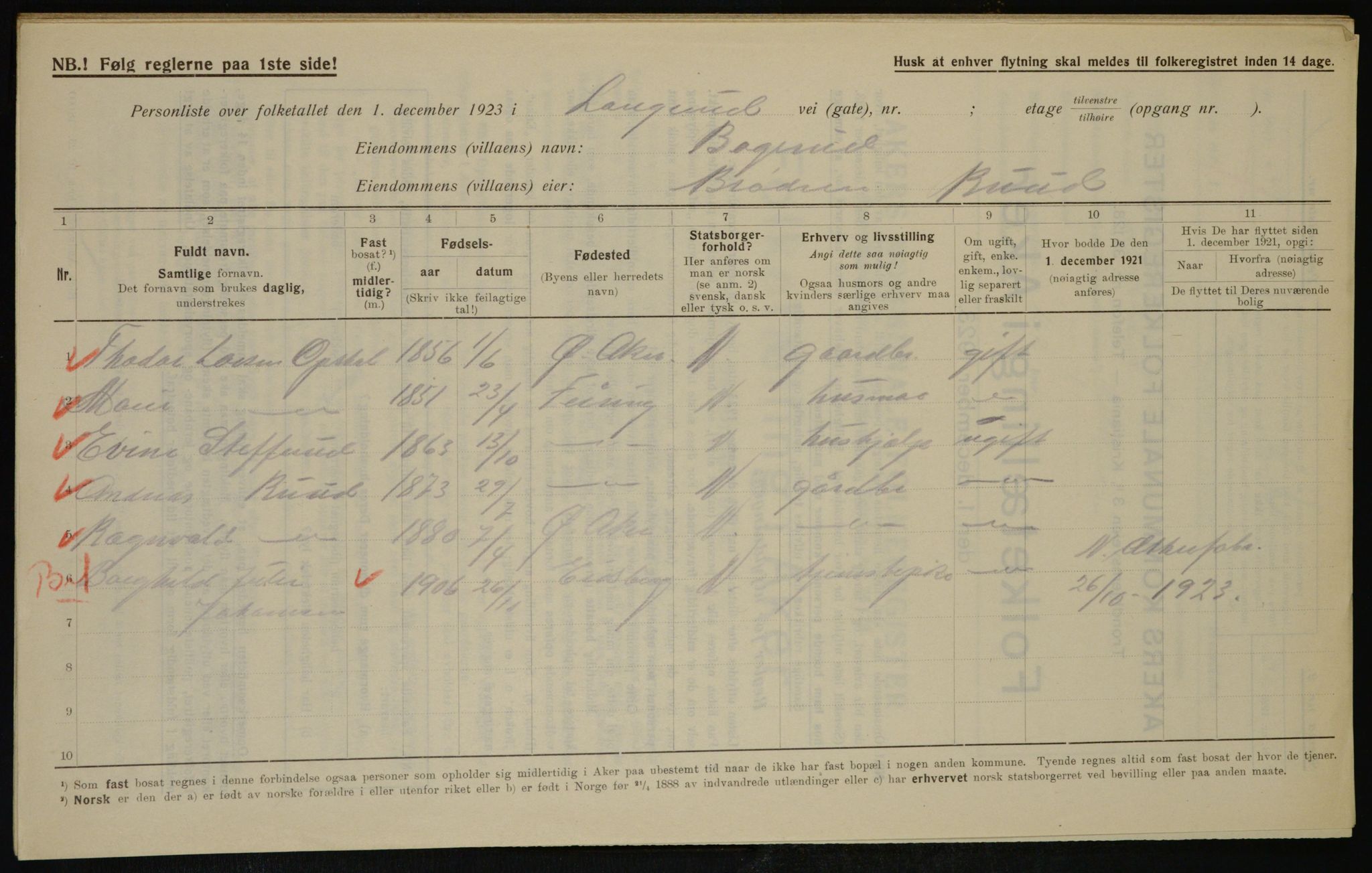 , Municipal Census 1923 for Aker, 1923, p. 40599