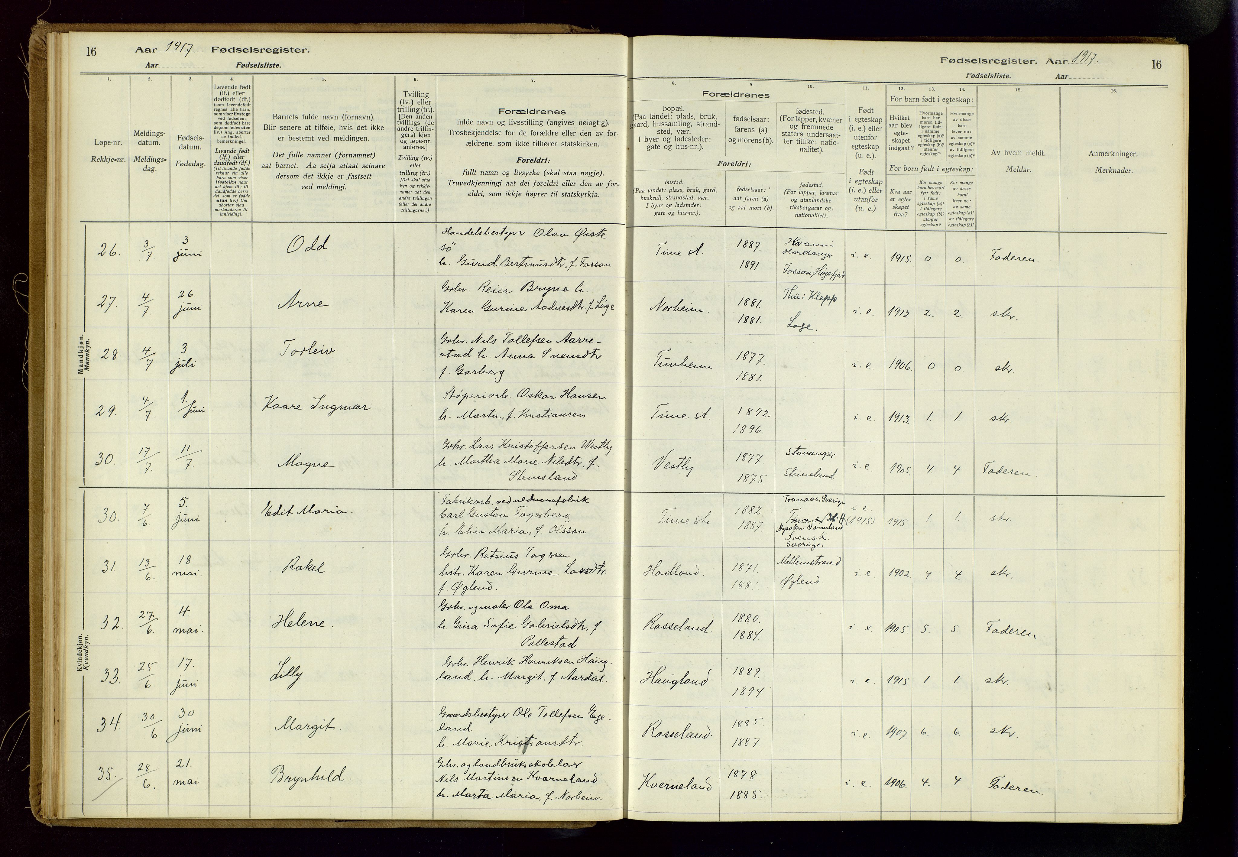 Time sokneprestkontor, AV/SAST-A-101795/001/704BA/L0001: Birth register no. 1, 1916-1934, p. 16