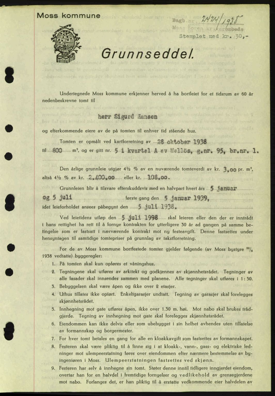 Moss sorenskriveri, SAO/A-10168: Mortgage book no. A5, 1938-1939, Diary no: : 2424/1938