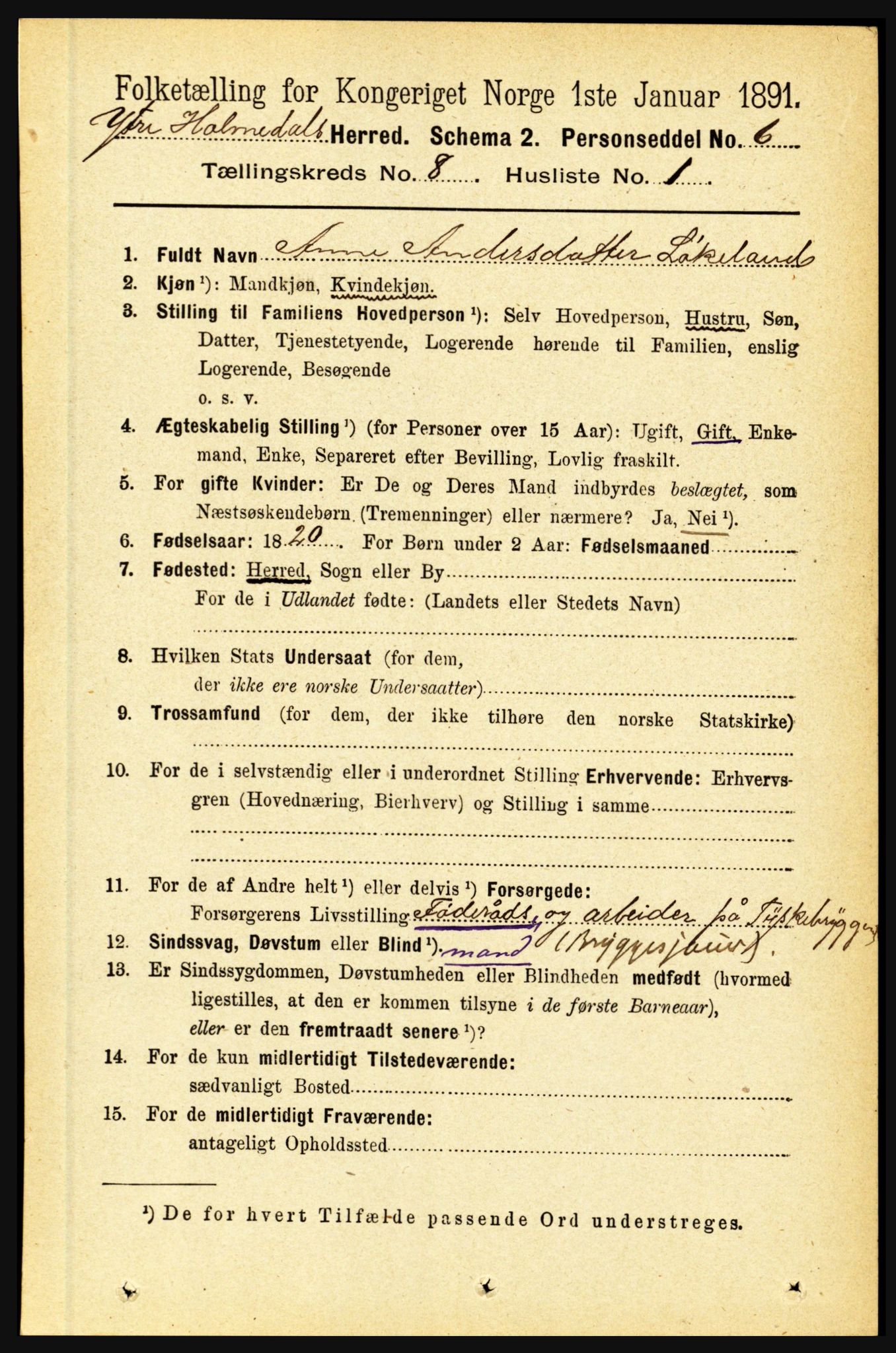 RA, 1891 census for 1429 Ytre Holmedal, 1891, p. 1767