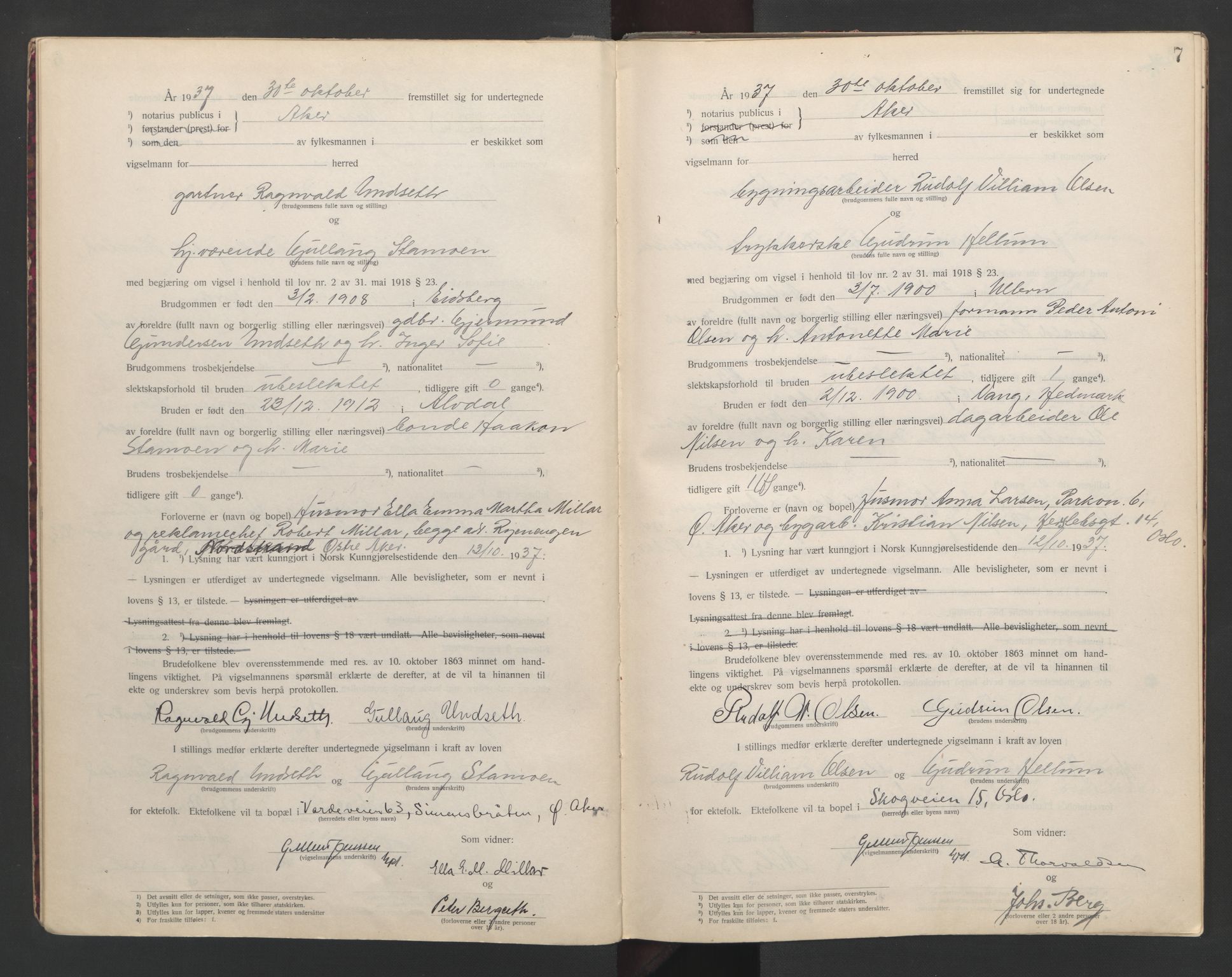 Aker sorenskriveri, AV/SAO-A-10895/L/Lc/Lcb/L0010: Vigselprotokoll, 1937-1938, p. 7