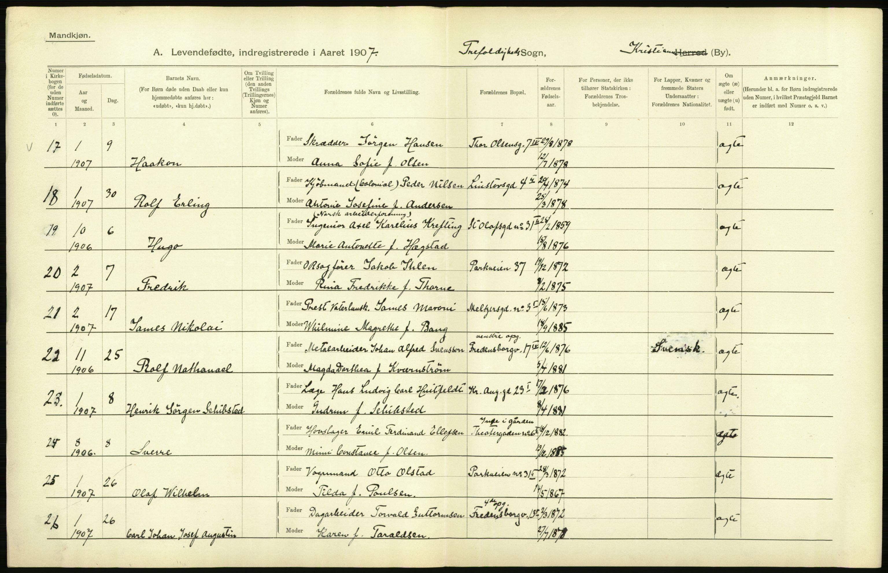 Statistisk sentralbyrå, Sosiodemografiske emner, Befolkning, AV/RA-S-2228/D/Df/Dfa/Dfae/L0006: Kristiania: Levendefødte menn og kvinner., 1907, p. 346