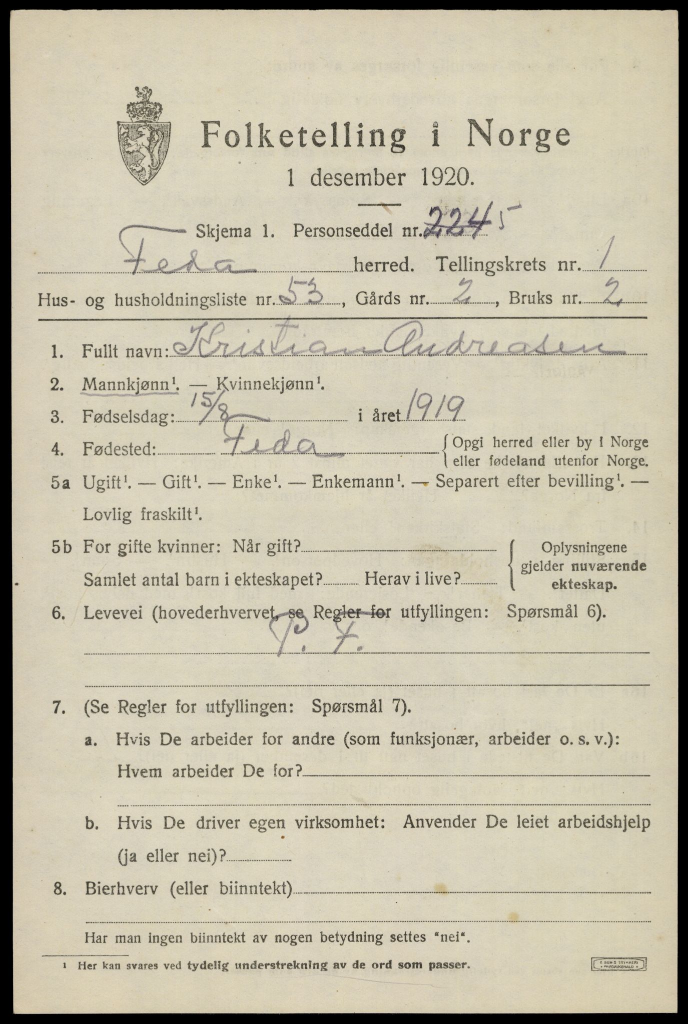 SAK, 1920 census for Feda, 1920, p. 903