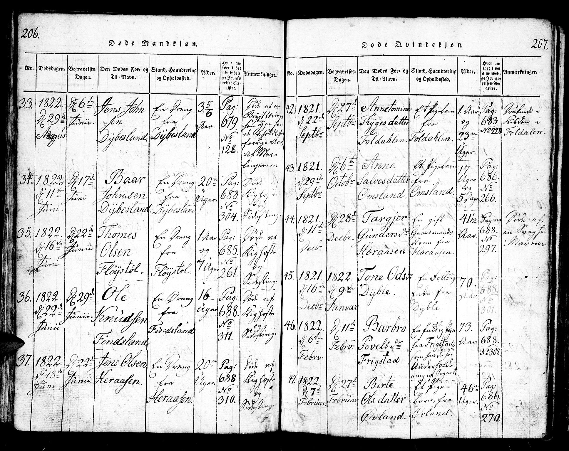 Bjelland sokneprestkontor, AV/SAK-1111-0005/F/Fb/Fbb/L0003: Parish register (copy) no. B 3, 1816-1868, p. 206-207