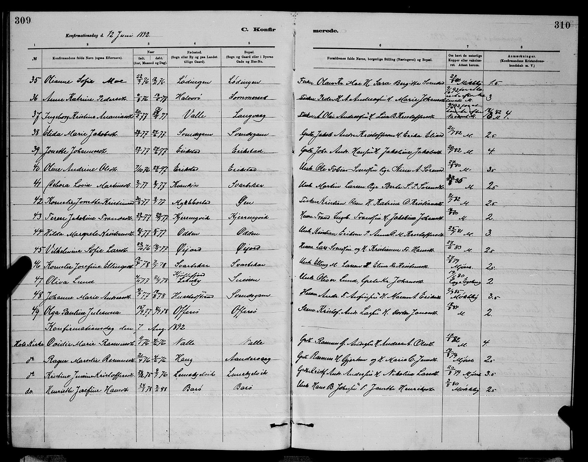 Ministerialprotokoller, klokkerbøker og fødselsregistre - Nordland, AV/SAT-A-1459/872/L1047: Parish register (copy) no. 872C03, 1880-1897, p. 309-310