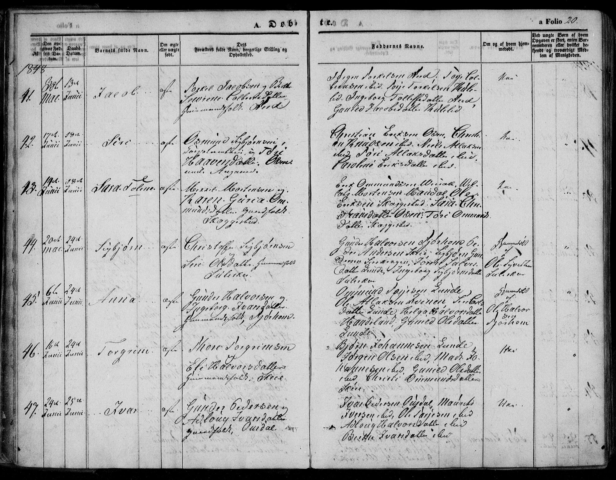 Bakke sokneprestkontor, SAK/1111-0002/F/Fa/Faa/L0005: Parish register (official) no. A 5, 1847-1855, p. 20