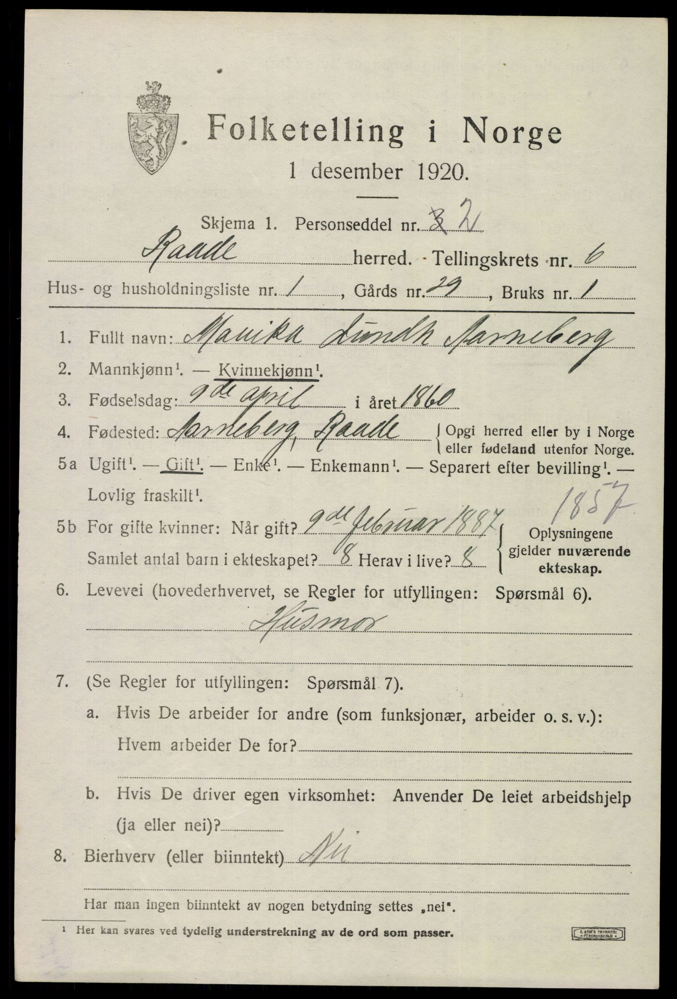 SAO, 1920 census for Råde, 1920, p. 5603