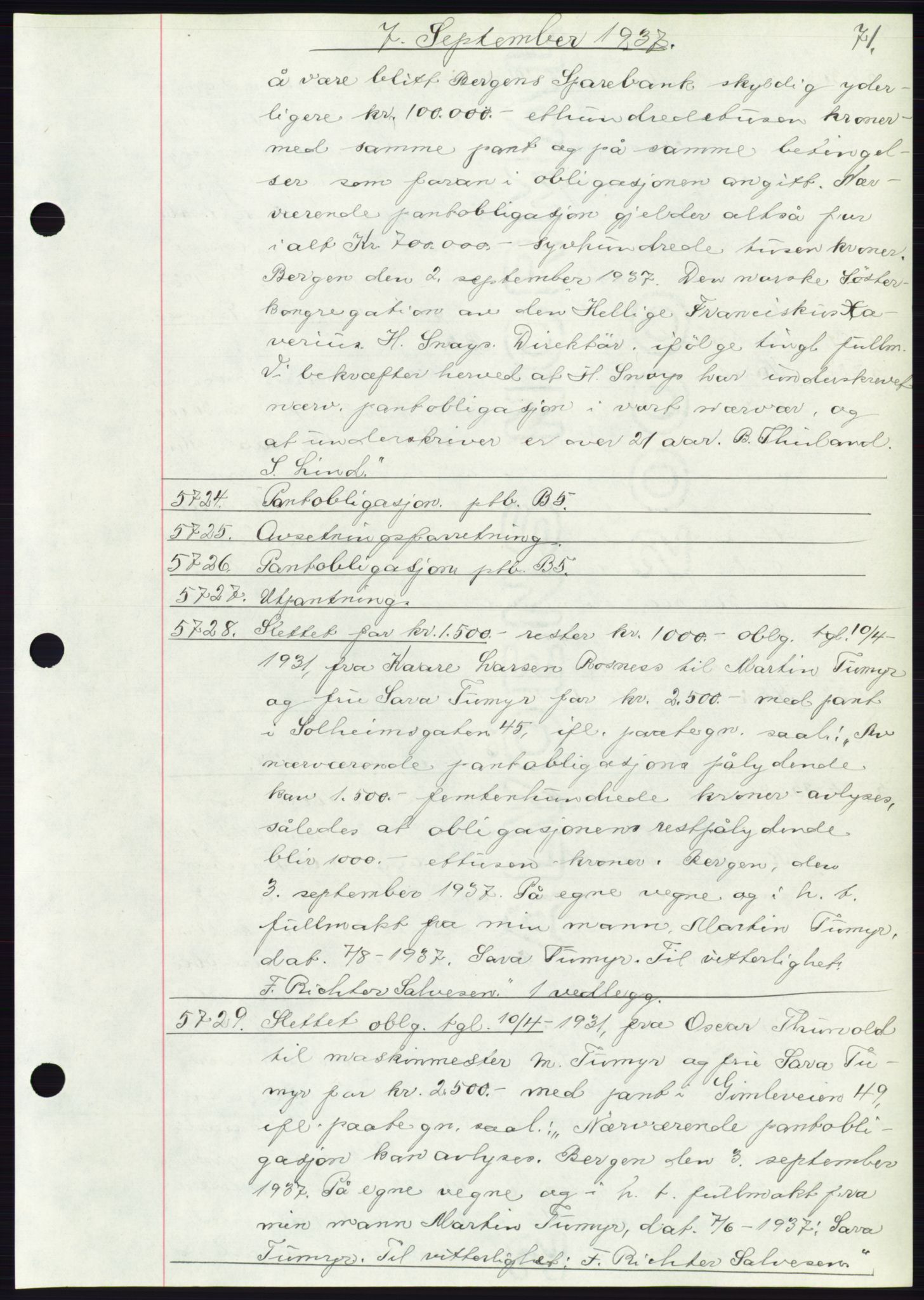 Byfogd og Byskriver i Bergen, AV/SAB-A-3401/03: Mortgage book no. C 5, 1937-1937, Diary no: : 5724/1937