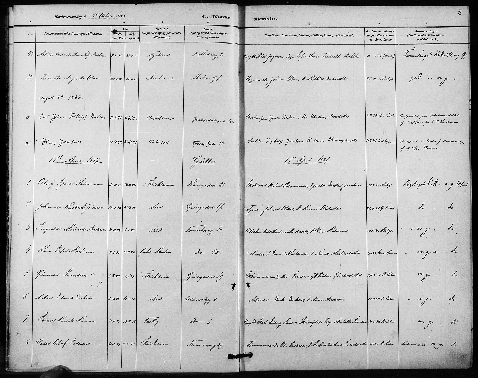 Kampen prestekontor Kirkebøker, SAO/A-10853/F/Fa/L0004: Parish register (official) no. I 4, 1885-1892, p. 8