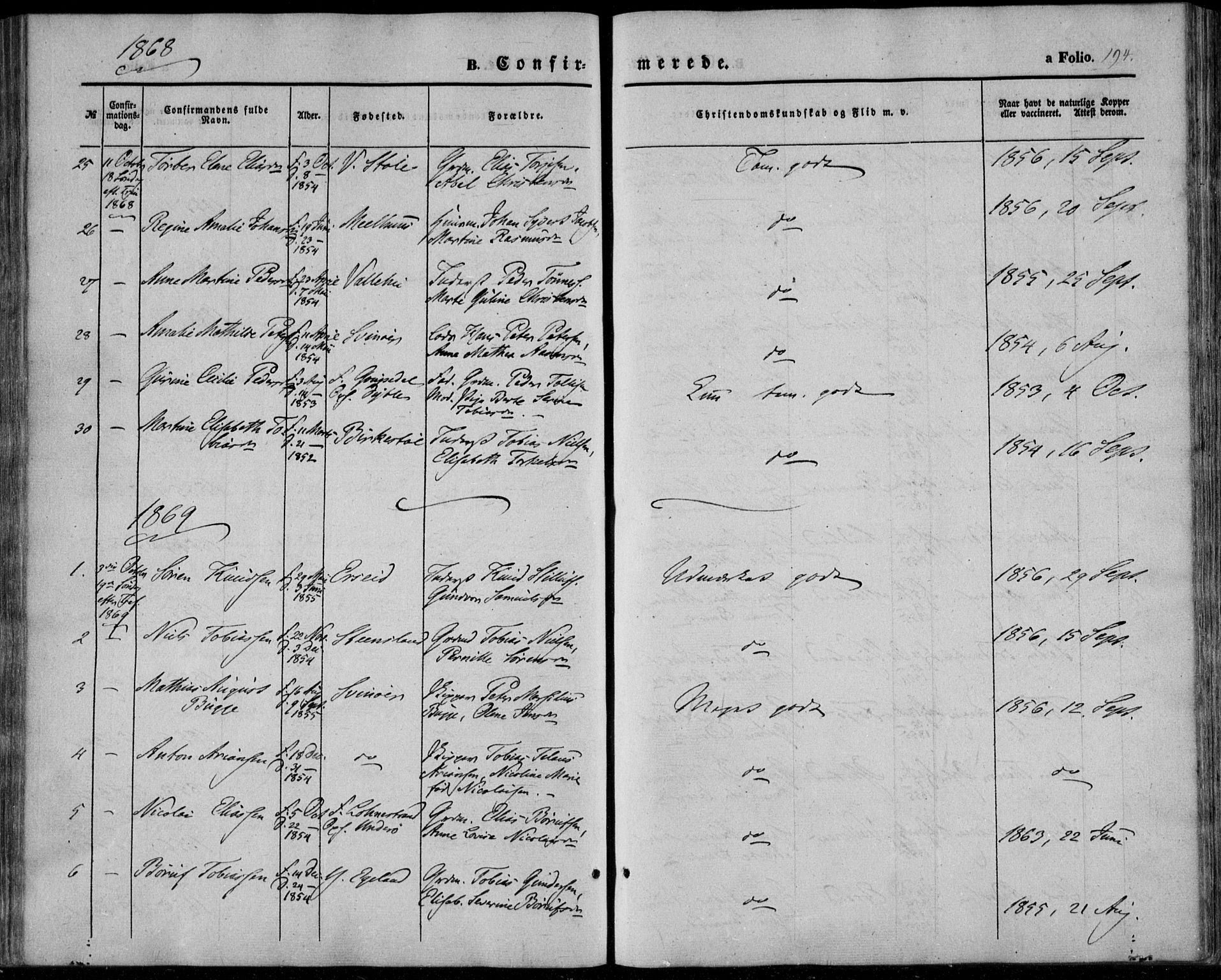 Sør-Audnedal sokneprestkontor, AV/SAK-1111-0039/F/Fa/Fab/L0007: Parish register (official) no. A 7, 1855-1876, p. 194