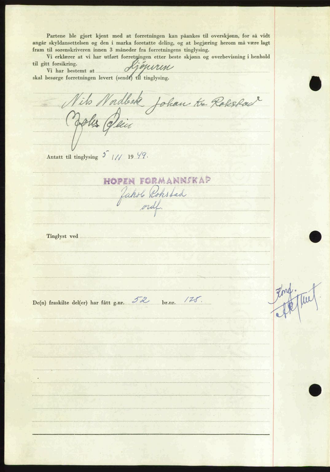 Nordmøre sorenskriveri, AV/SAT-A-4132/1/2/2Ca: Mortgage book no. A112, 1949-1949, Diary no: : 3153/1949