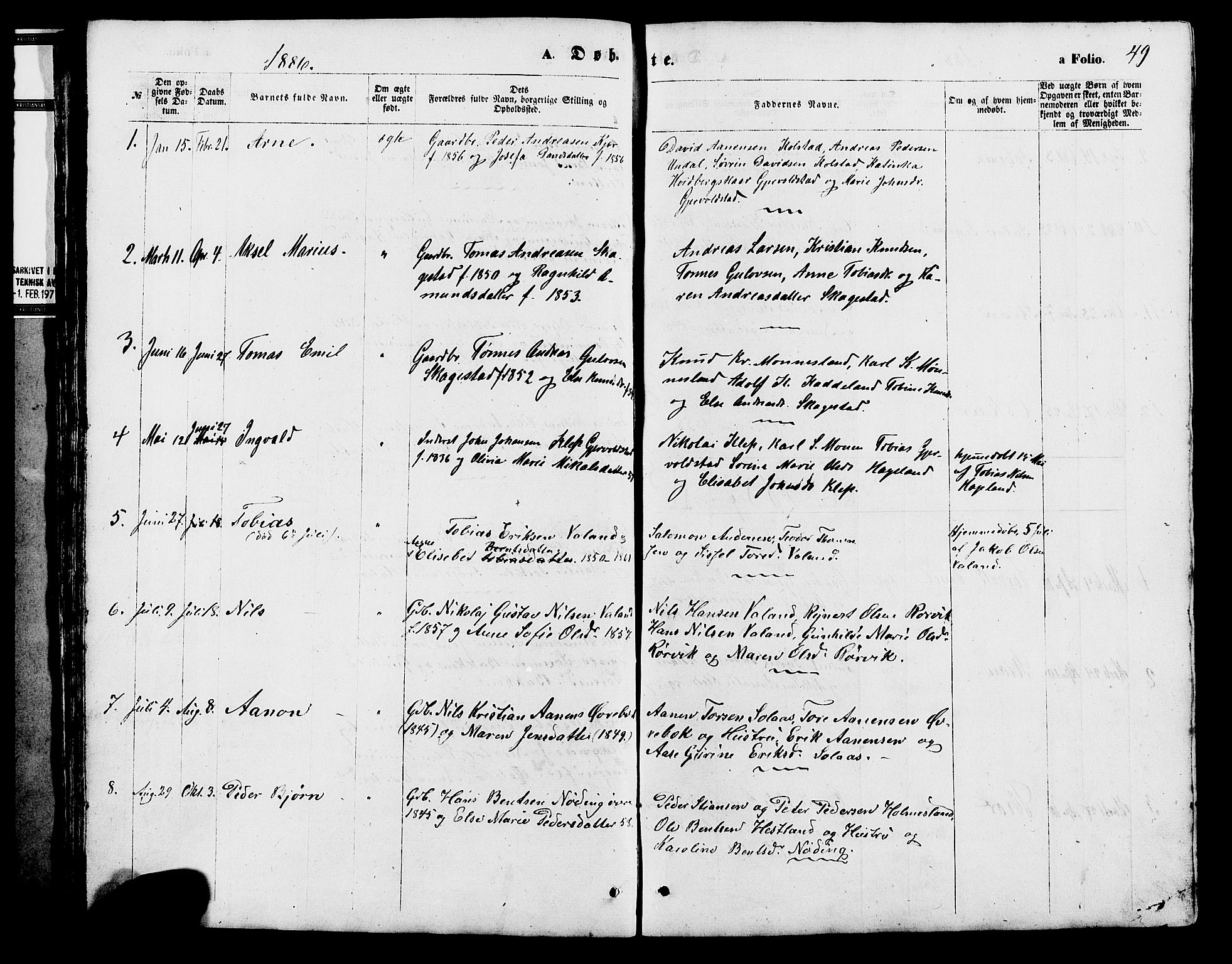 Holum sokneprestkontor, SAK/1111-0022/F/Fb/Fba/L0004: Parish register (copy) no. B 4, 1867-1890, p. 49