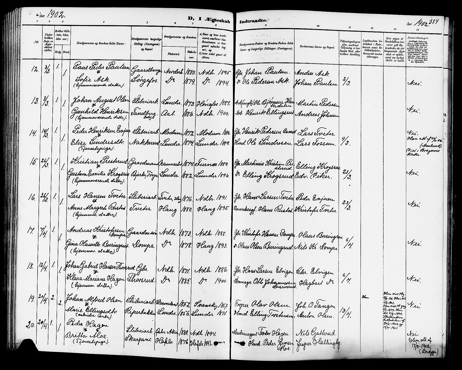 Norderhov kirkebøker, AV/SAKO-A-237/G/Ga/L0008: Parish register (copy) no. I 8, 1887-1912, p. 384