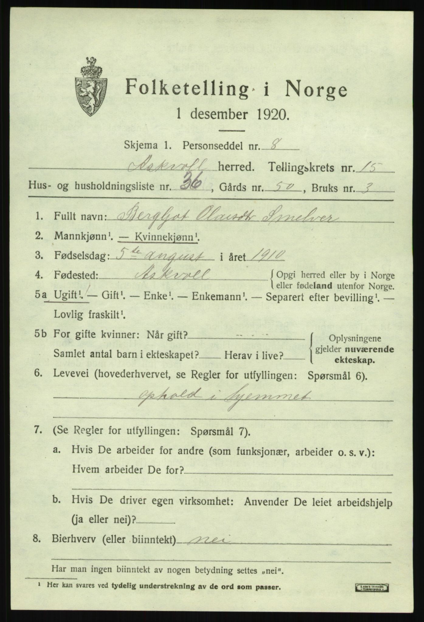 SAB, 1920 census for Askvoll, 1920, p. 5942