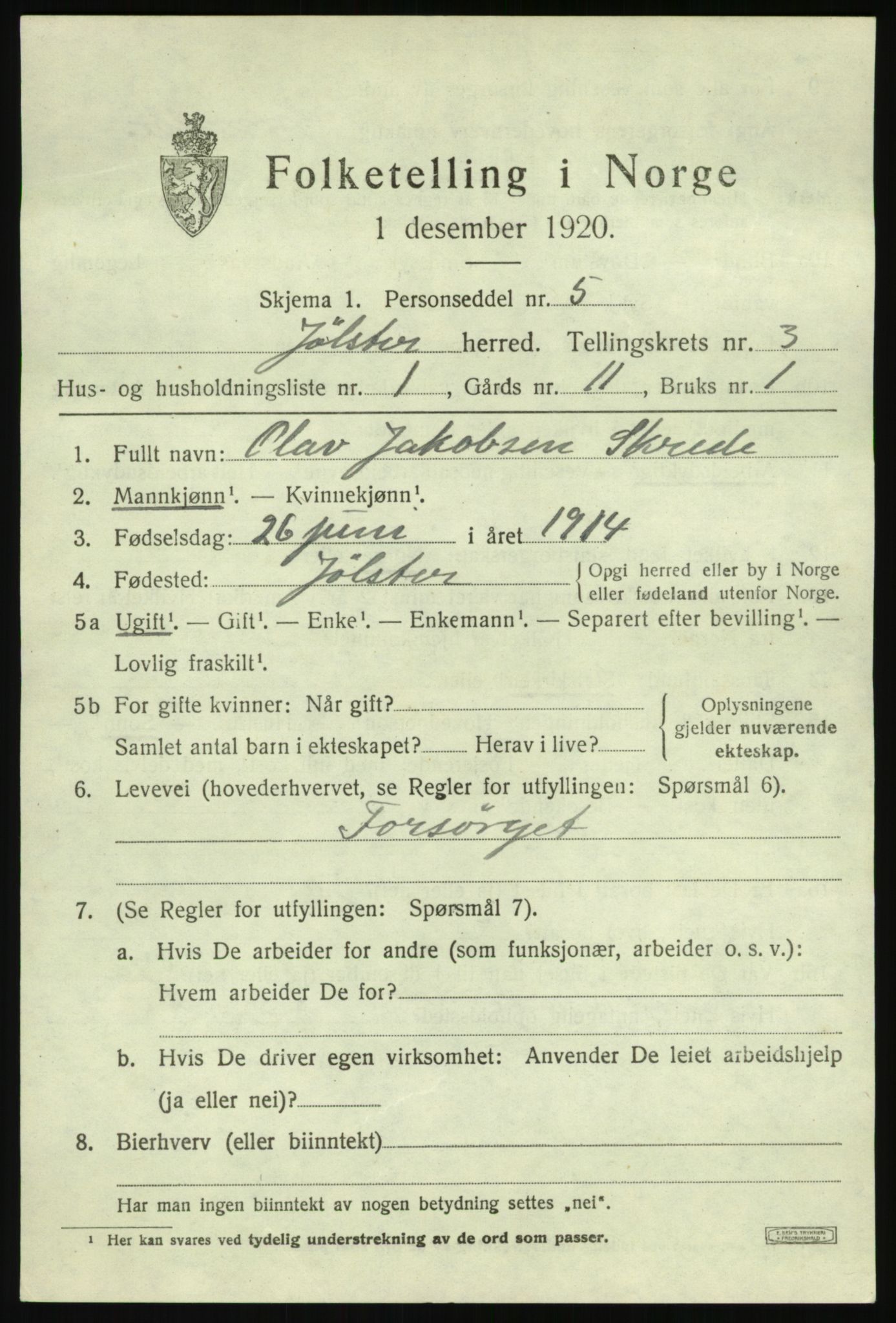 SAB, 1920 census for Jølster, 1920, p. 1966