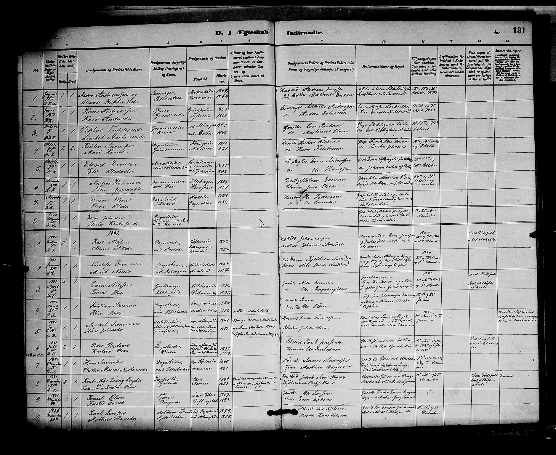 Stange prestekontor, SAH/PREST-002/L/L0007: Parish register (copy) no. 7, 1880-1893, p. 131