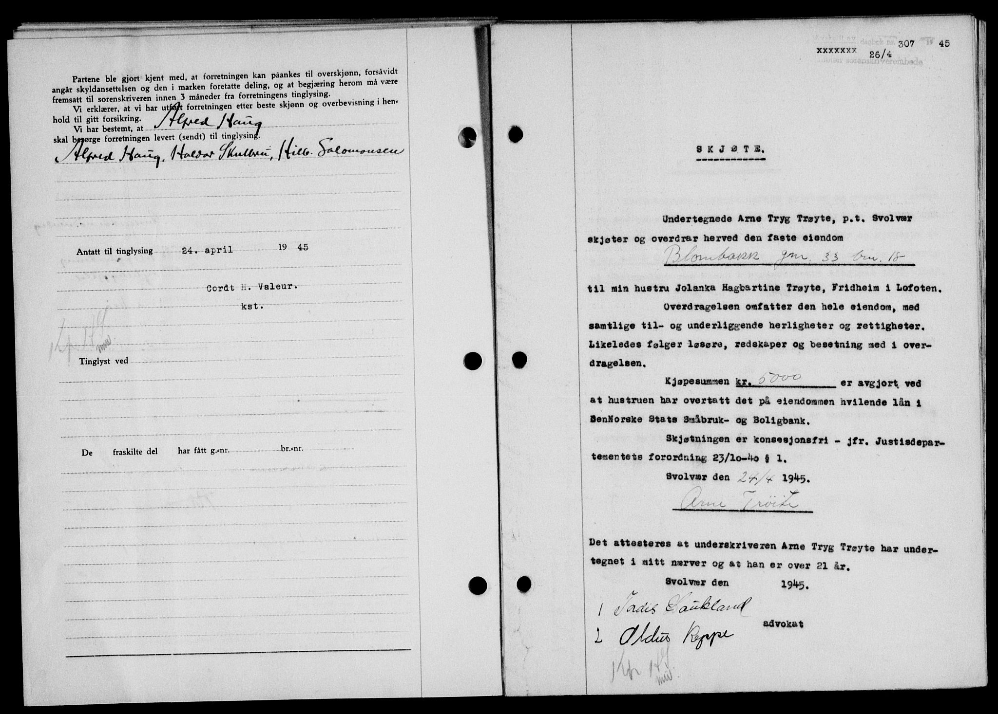 Lofoten sorenskriveri, SAT/A-0017/1/2/2C/L0013a: Mortgage book no. 13a, 1944-1946, Diary no: : 307/1945