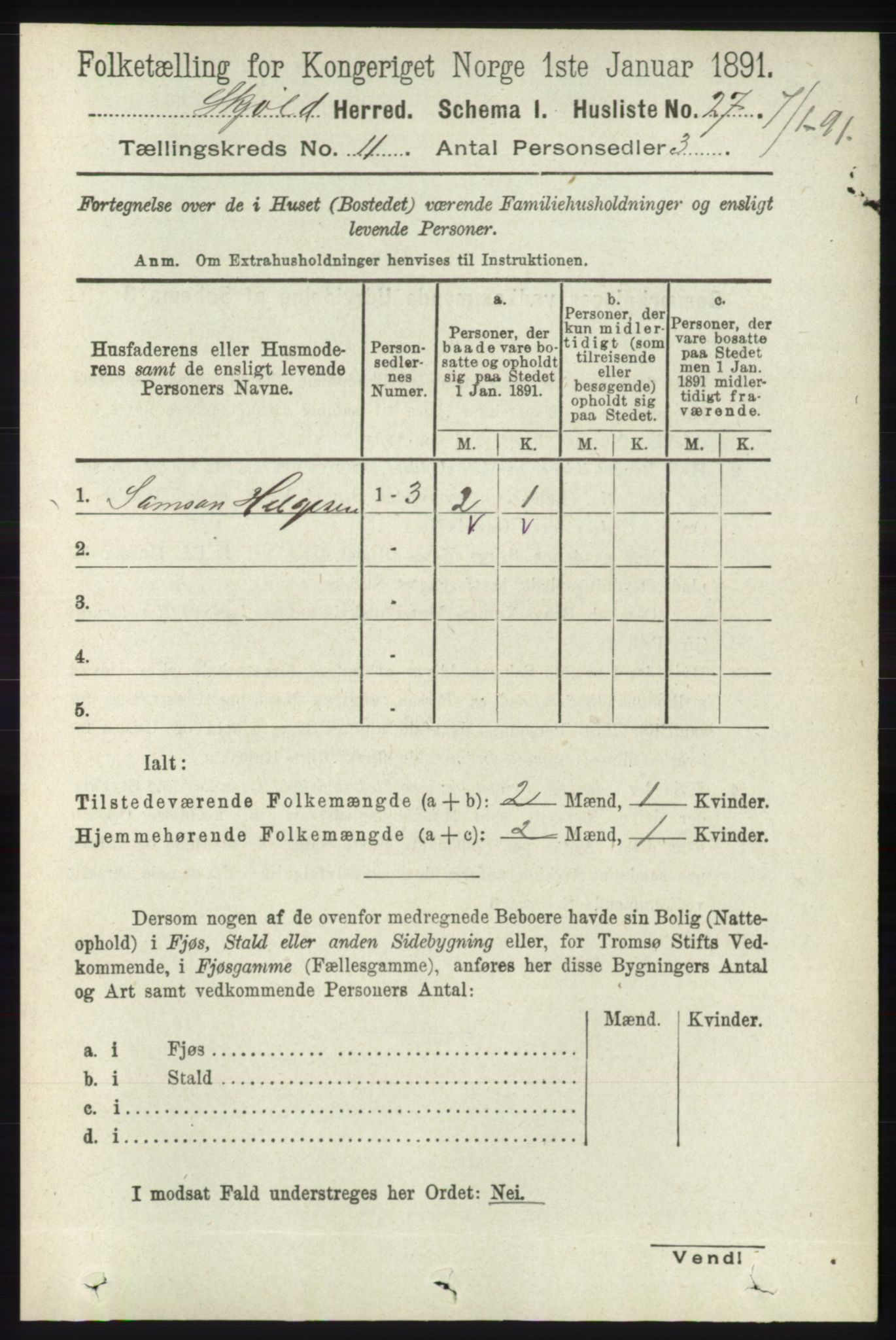 RA, 1891 census for 1154 Skjold, 1891, p. 2062