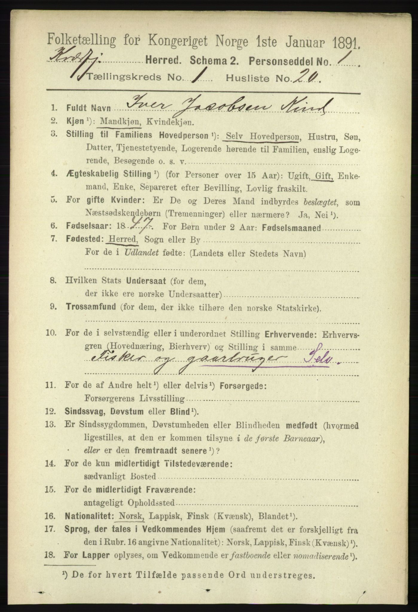 RA, 1891 census for 1911 Kvæfjord, 1891, p. 223