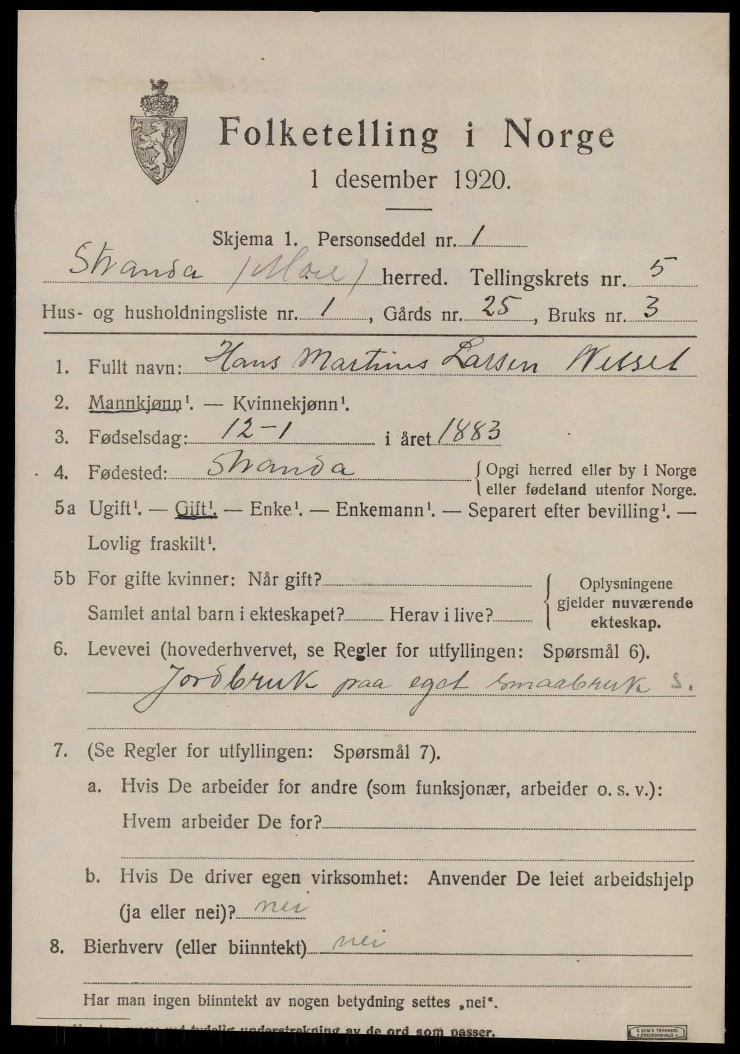 SAT, 1920 census for Stranda, 1920, p. 3211