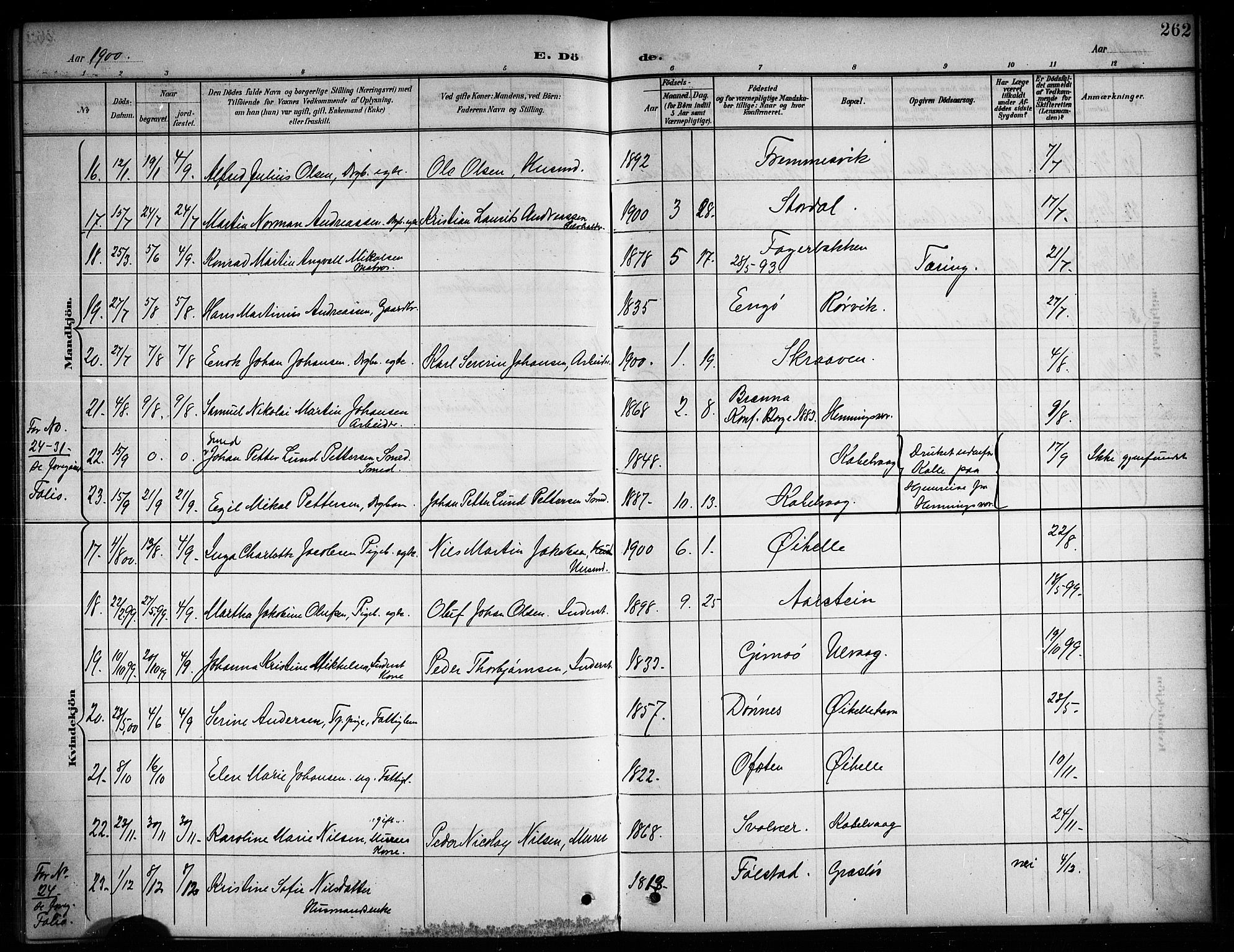 Ministerialprotokoller, klokkerbøker og fødselsregistre - Nordland, AV/SAT-A-1459/874/L1078: Parish register (copy) no. 874C07, 1900-1907, p. 262