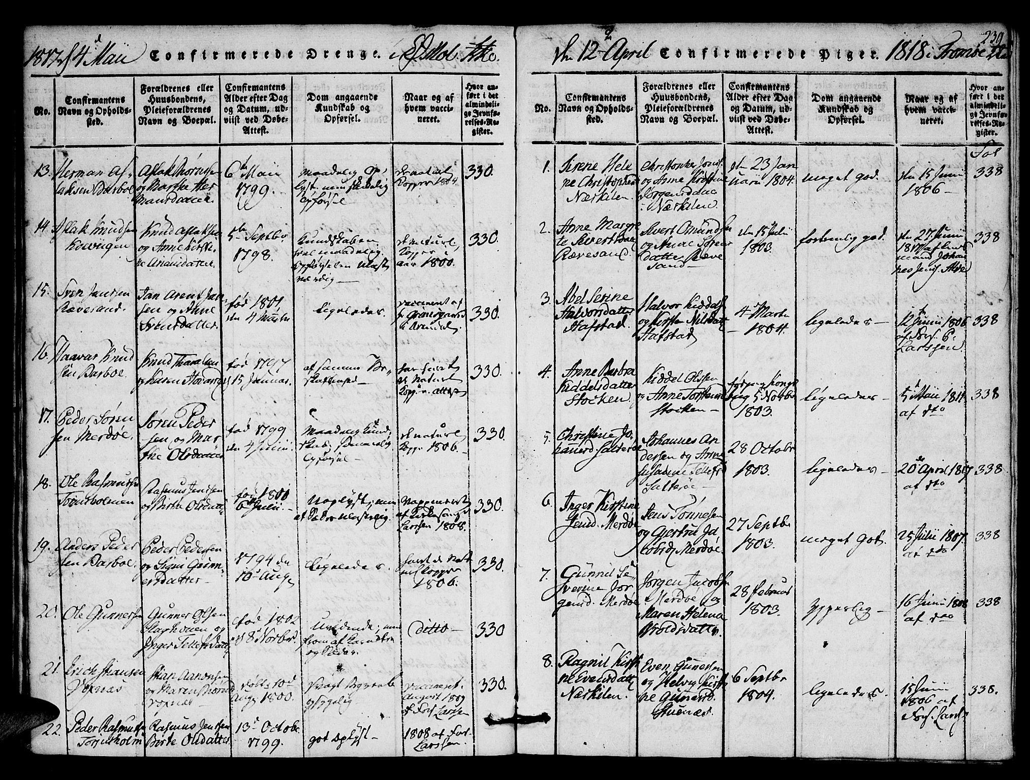 Austre Moland sokneprestkontor, SAK/1111-0001/F/Fa/Faa/L0004: Parish register (official) no. A 4, 1816-1824, p. 239