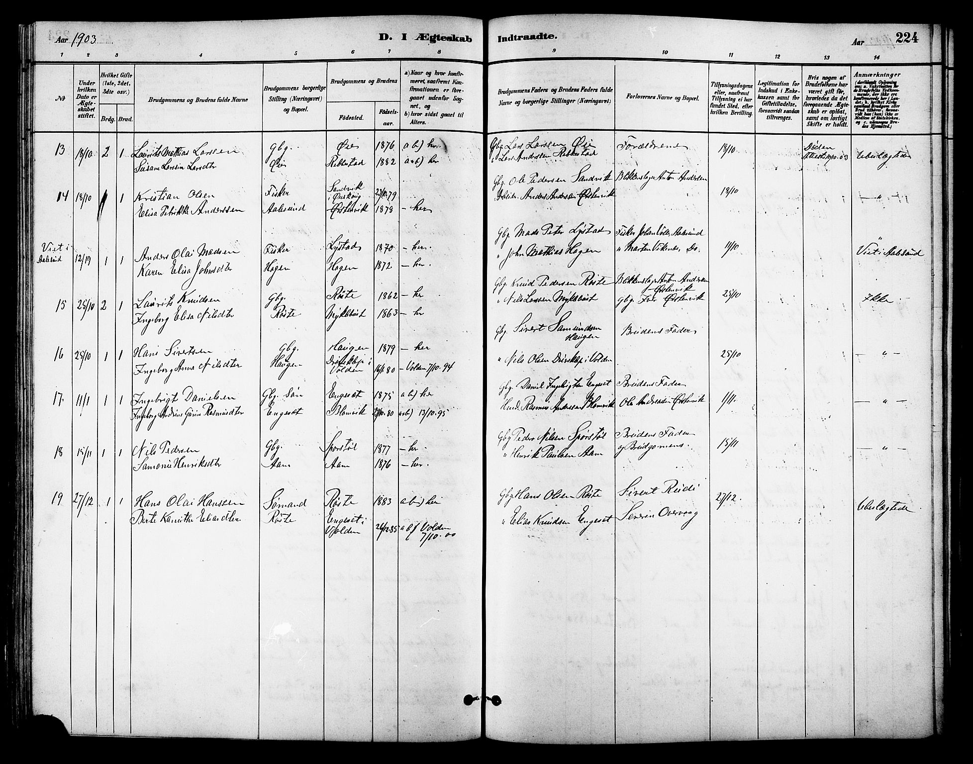 Ministerialprotokoller, klokkerbøker og fødselsregistre - Møre og Romsdal, AV/SAT-A-1454/513/L0189: Parish register (copy) no. 513C03, 1883-1904, p. 224