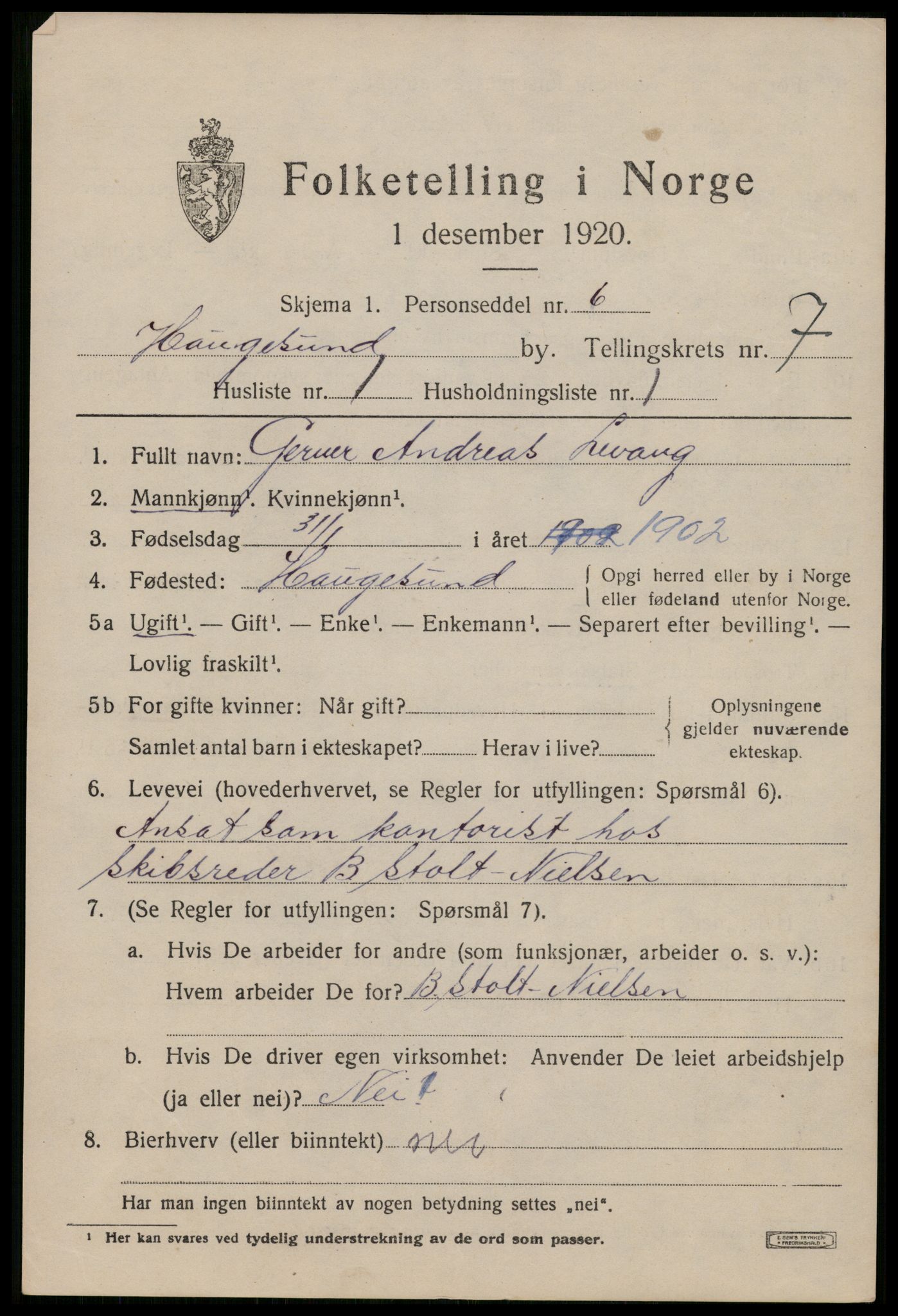 SAST, 1920 census for Haugesund, 1920, p. 25075