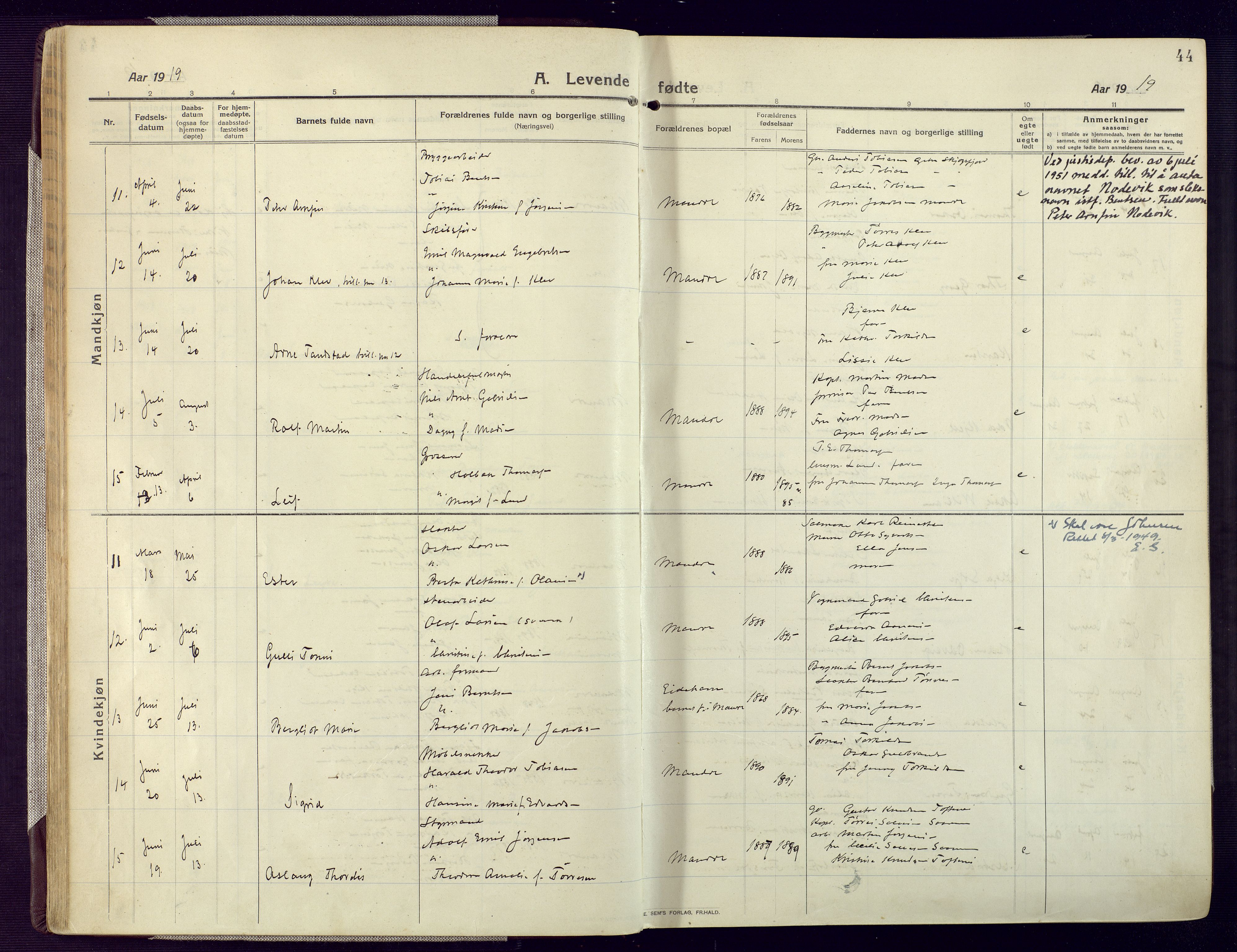 Mandal sokneprestkontor, AV/SAK-1111-0030/F/Fa/Fac/L0001: Parish register (official) no. A 1, 1913-1925, p. 44