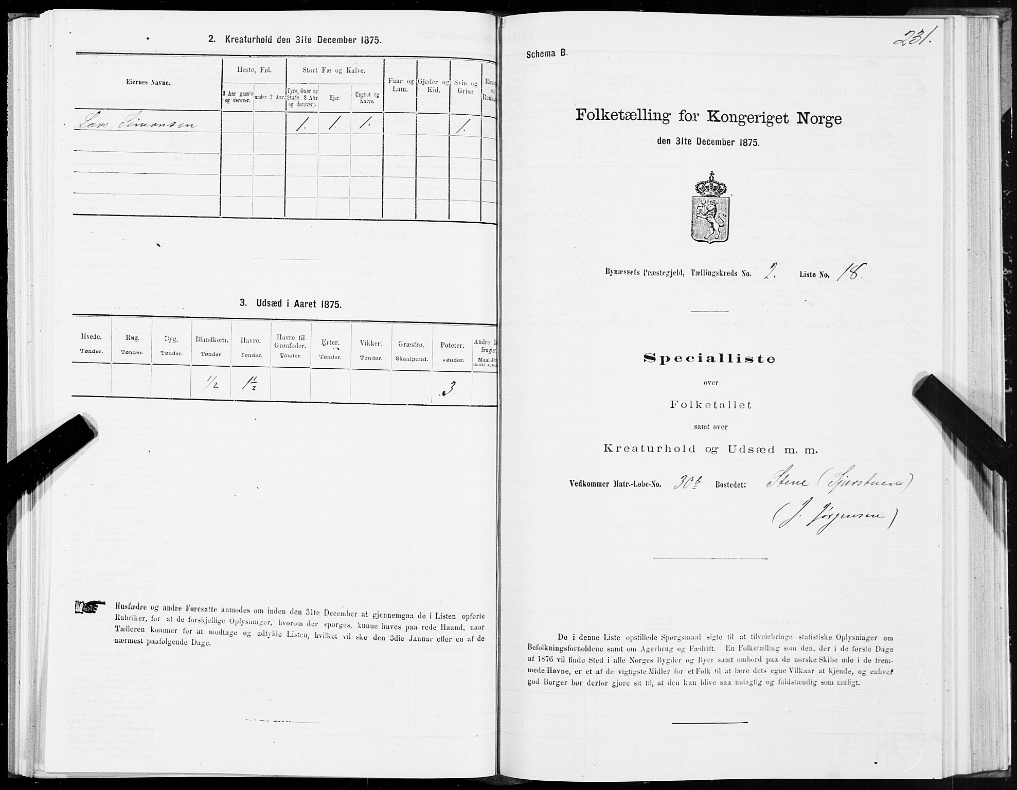 SAT, 1875 census for 1655P Byneset, 1875, p. 1231