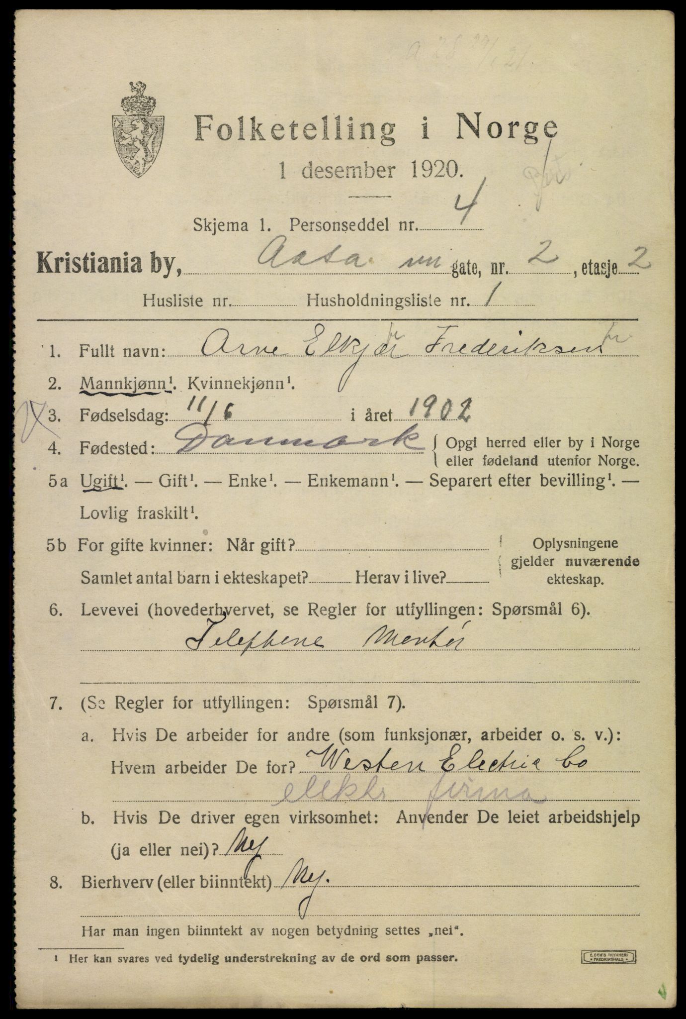 SAO, 1920 census for Kristiania, 1920, p. 136189