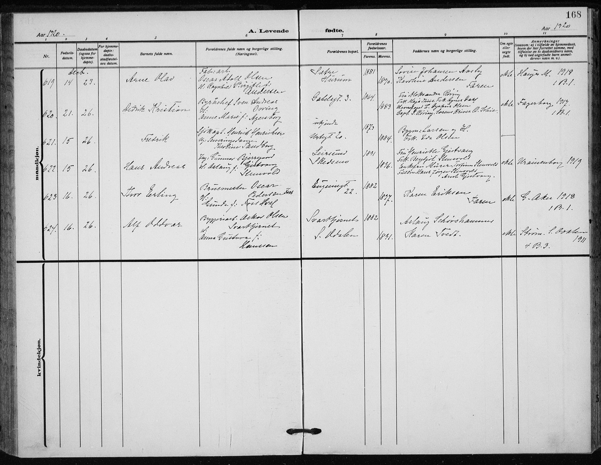 Rikshospitalet prestekontor Kirkebøker, AV/SAO-A-10309b/F/L0017: Parish register (official) no. 17, 1919-1922, p. 168