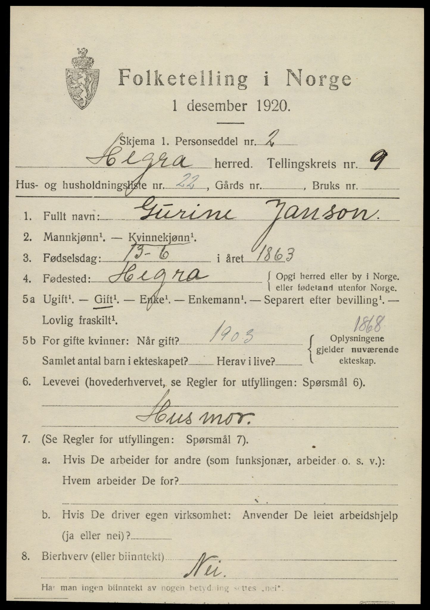 SAT, 1920 census for Hegra, 1920, p. 6218