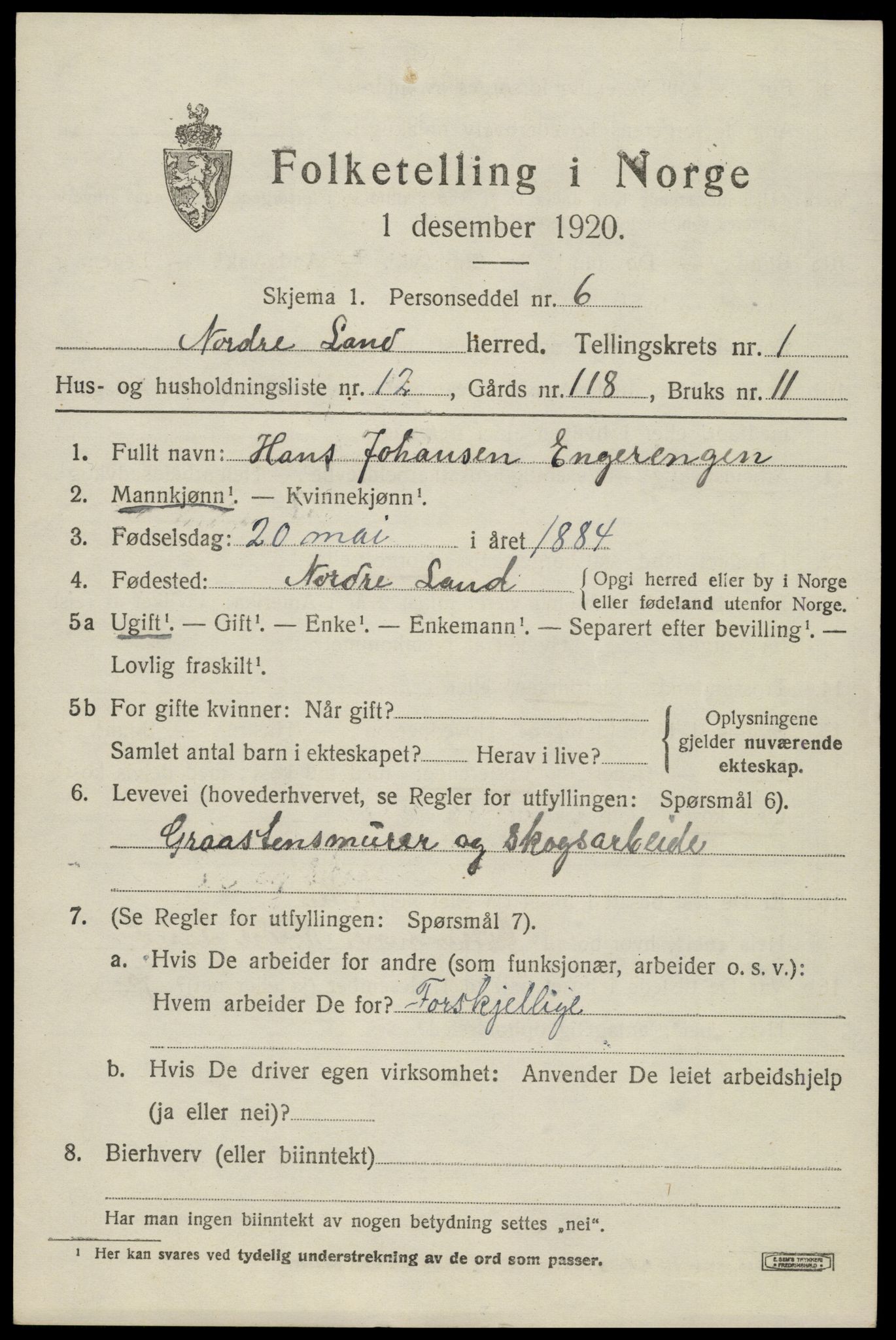 SAH, 1920 census for Nordre Land, 1920, p. 1270