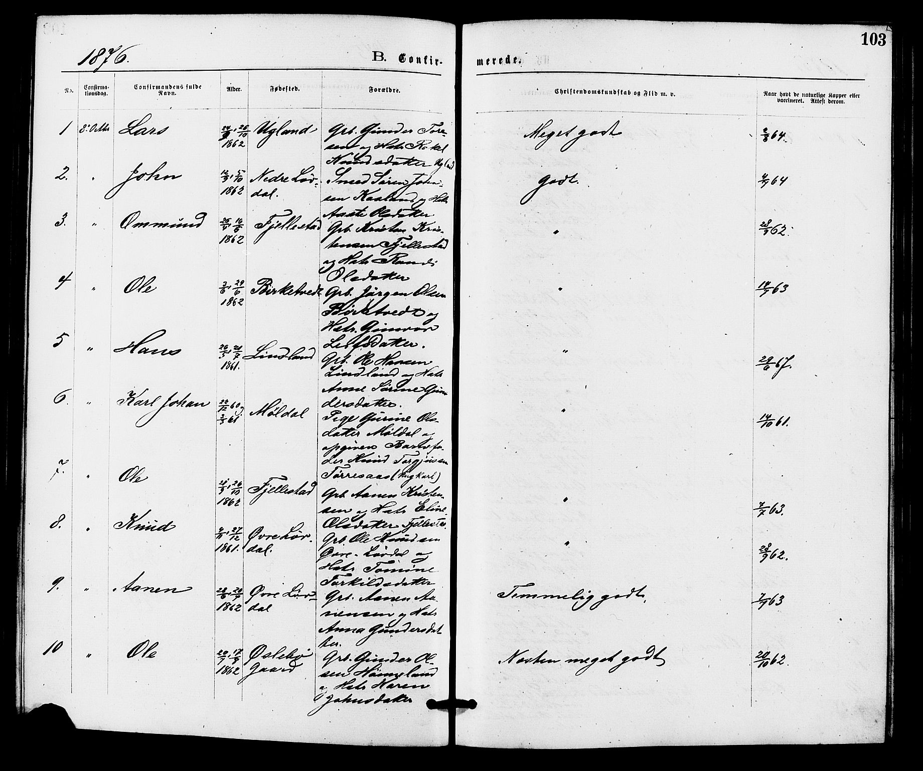 Holum sokneprestkontor, AV/SAK-1111-0022/F/Fa/Fab/L0006: Parish register (official) no. A 6, 1875-1886, p. 103