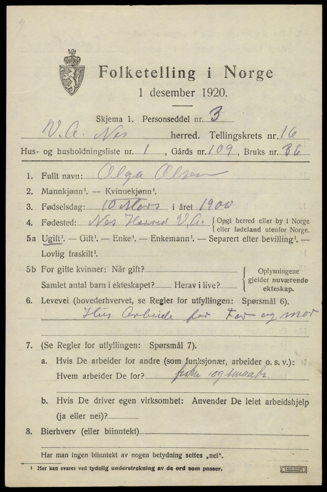 SAK, 1920 census for Nes (V-A), 1920, p. 5744